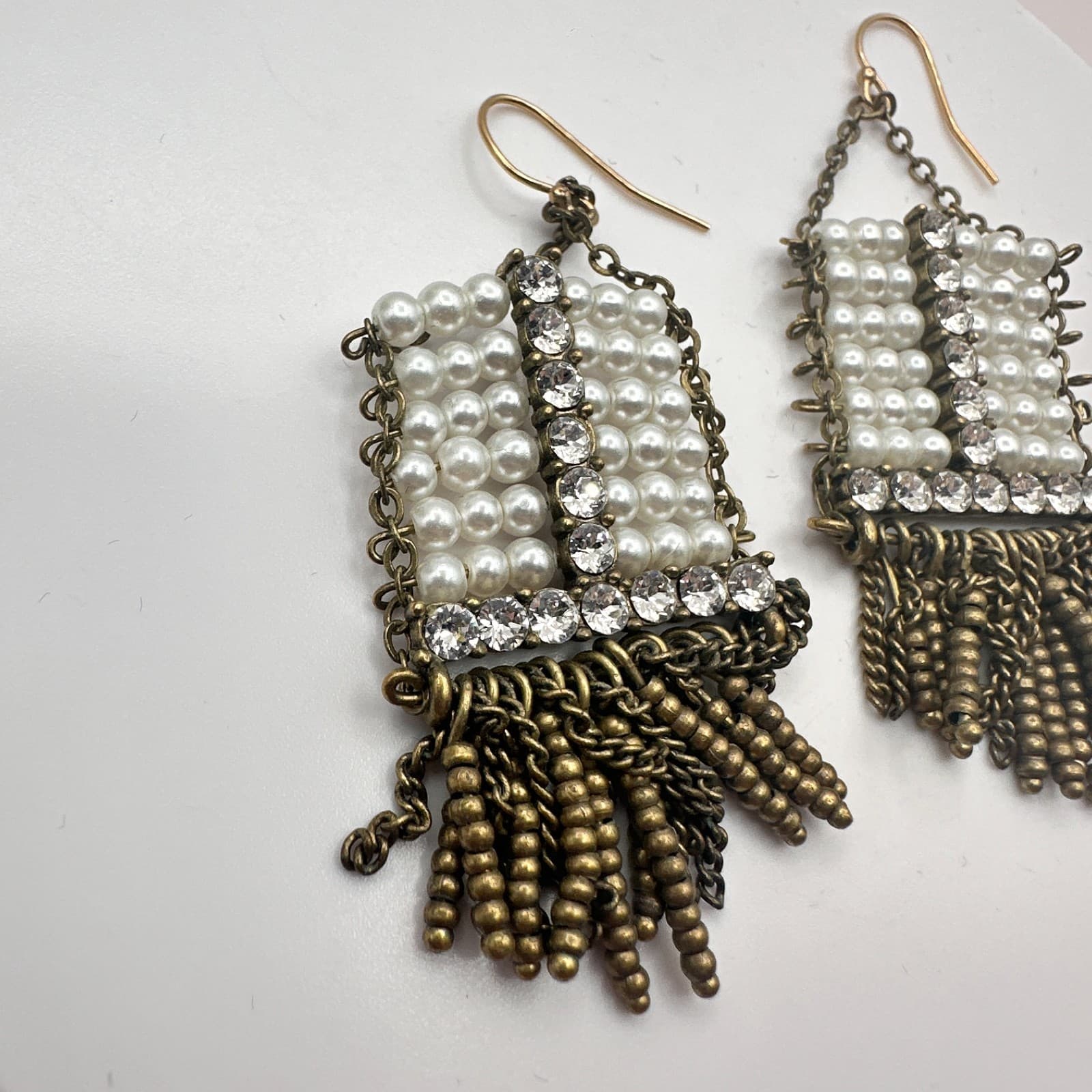 Vintage 30s Statement Earrings Featuring Pearl Beads Brass Chain Piece Jewelry - Thumbnail 4