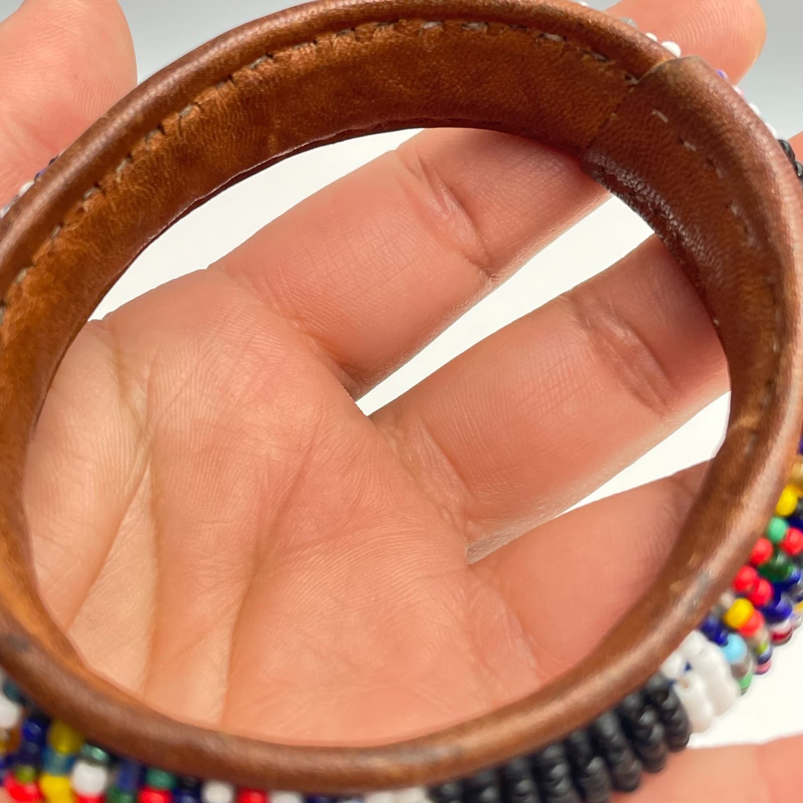 Vintage 90s Glass Bead Leather Bangle Bracelet Boho Tribal Fashion Jewelry - Thumbnail 5