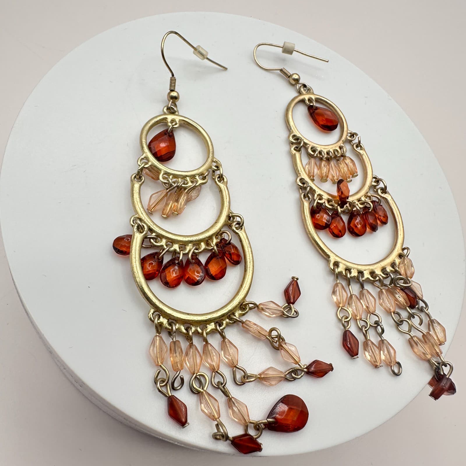 Vintage 80s Women Earrings Chandelier Tiered Glass Bead Amber Gold Tone Fashion - Thumbnail 5