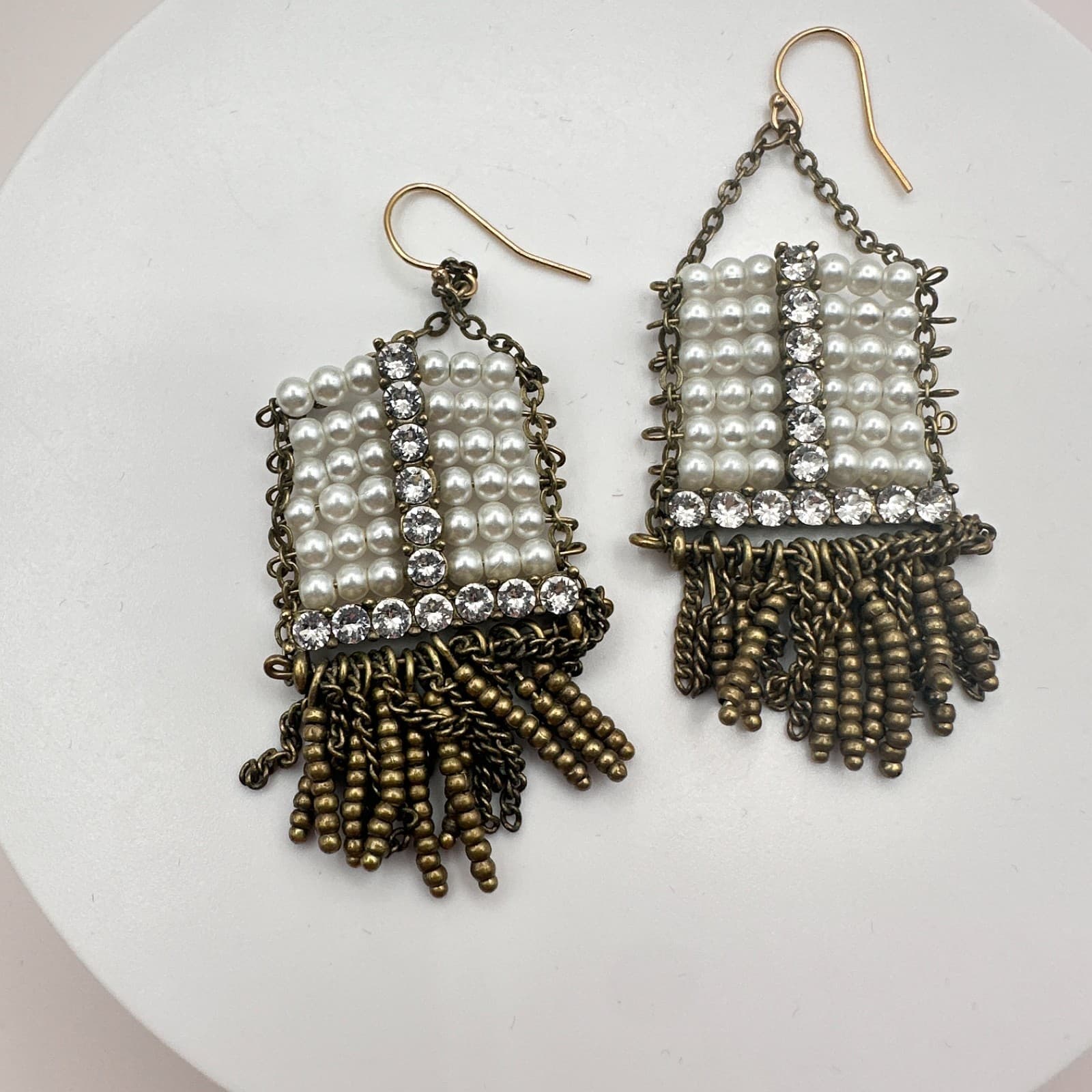 Vintage 30s Statement Earrings Featuring Pearl Beads Brass Chain Piece Jewelry - Thumbnail 3