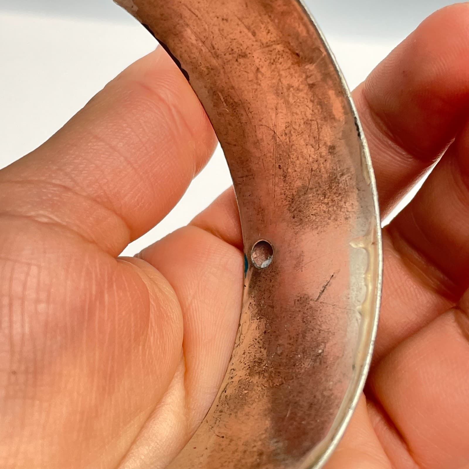 Vintage 80s Teal Enamel Floral Bangle Bracelet Silver Tone Boho Ethnic Jewelry - Thumbnail 7