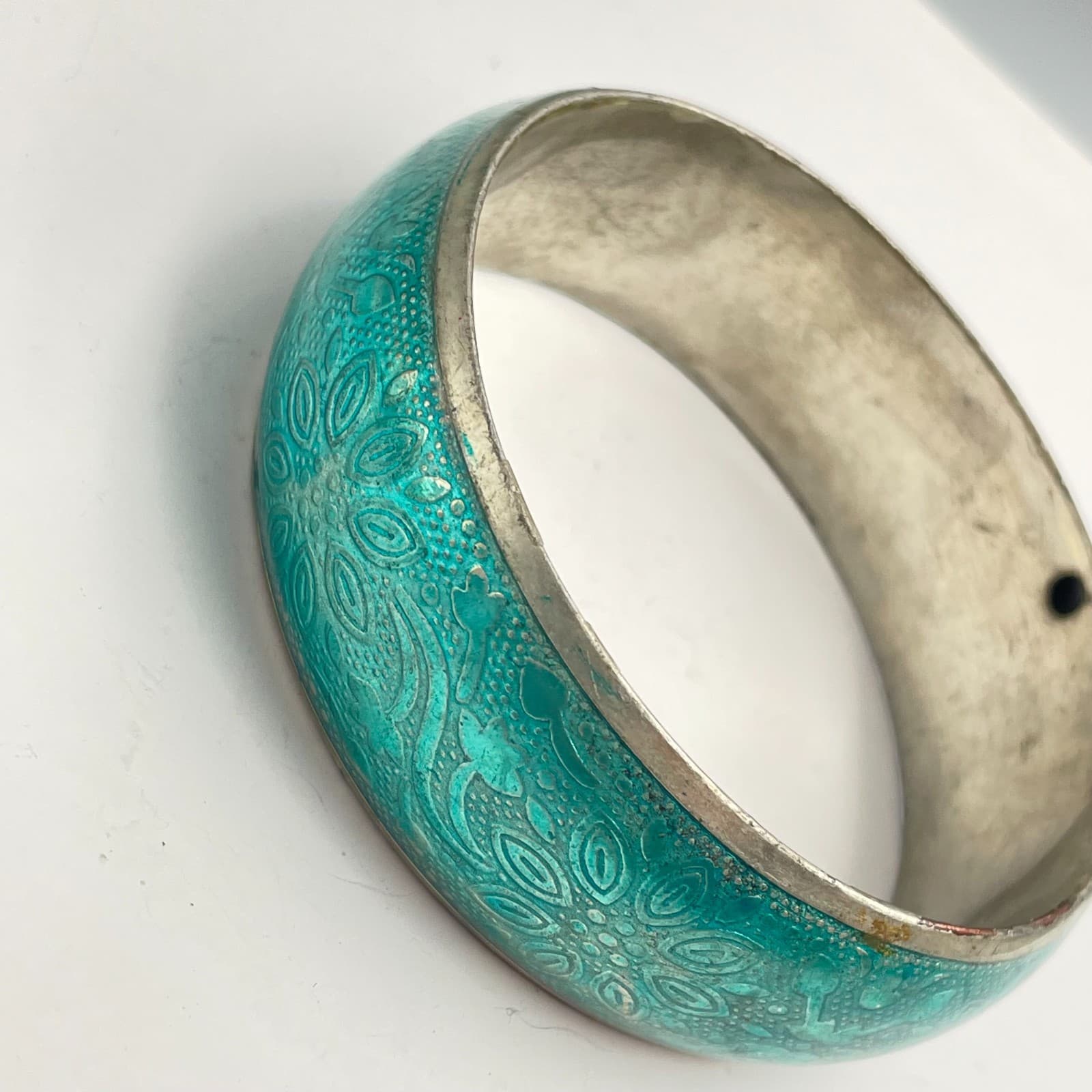 Vintage 80s Teal Enamel Floral Bangle Bracelet Silver Tone Boho Ethnic Jewelry - Thumbnail 3
