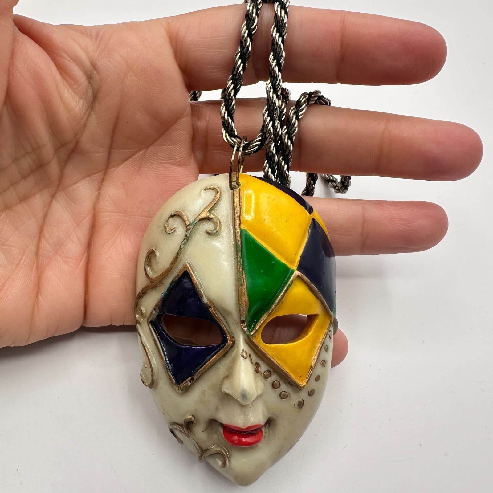 Vintage 80s Harlequin Mask Pendant Necklace Rope Chain Multi Color Gold Tone - Thumbnail 6