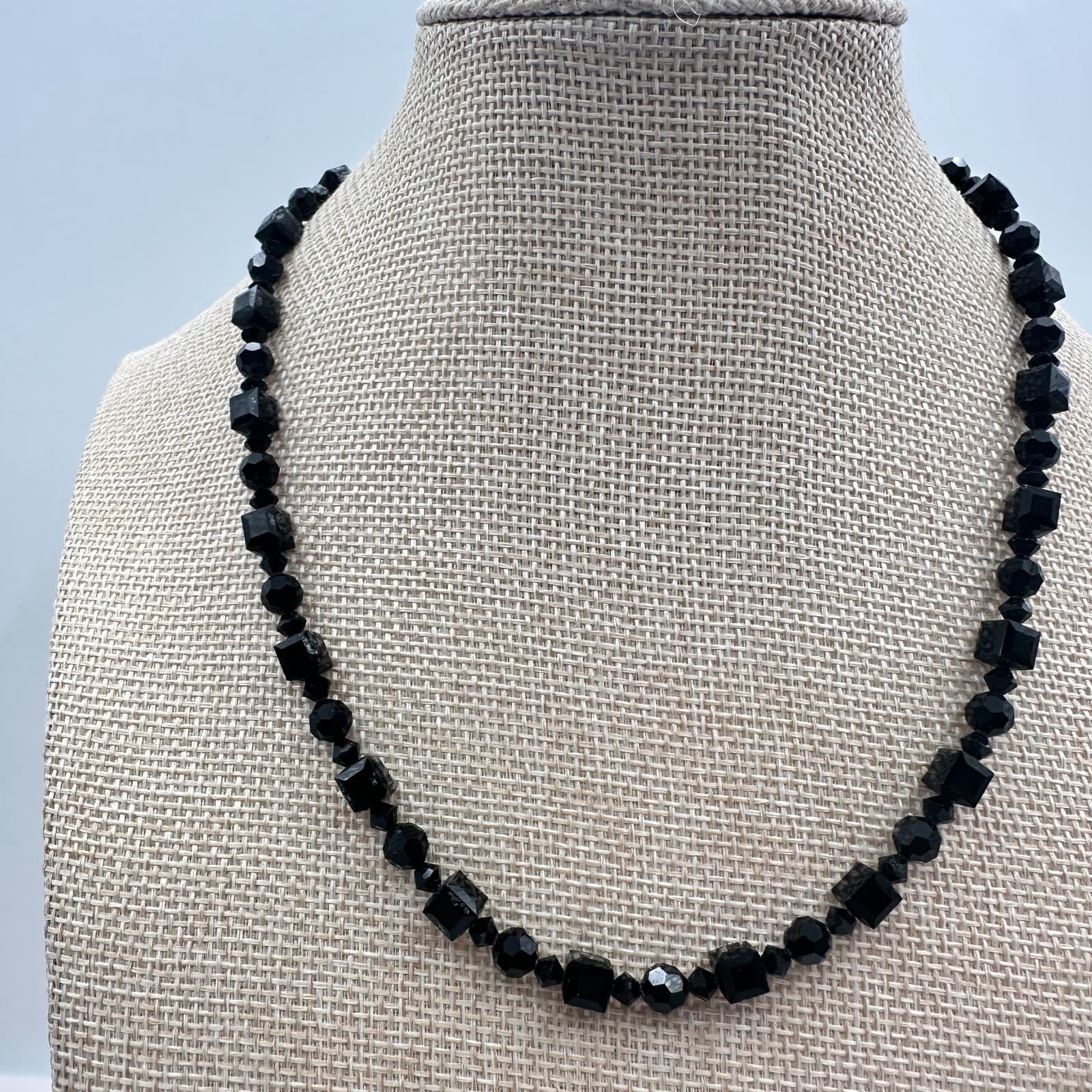 Vintage 80s Beaded Strand Necklace Glass Cube Round Multi Shape Black - Thumbnail 4