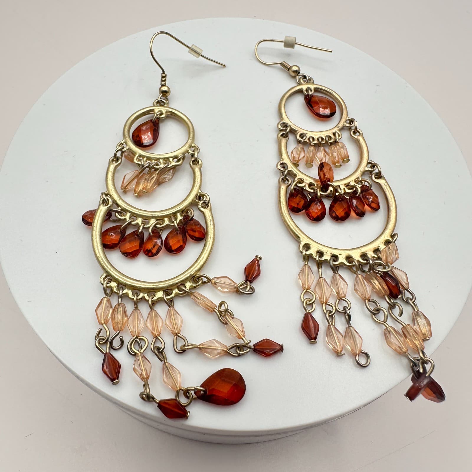 Vintage 80s Women Earrings Chandelier Tiered Glass Bead Amber Gold Tone Fashion - Thumbnail 3