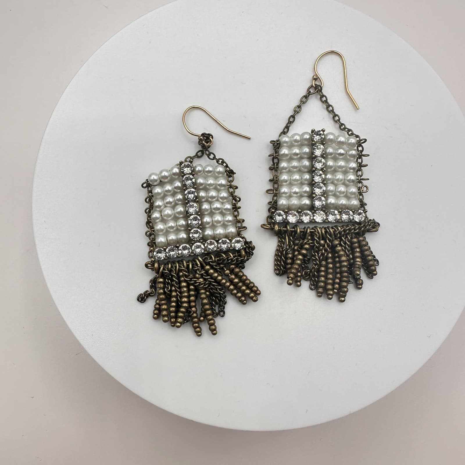 Vintage 30s Statement Earrings Featuring Pearl Beads Brass Chain Piece Jewelry - Thumbnail 2