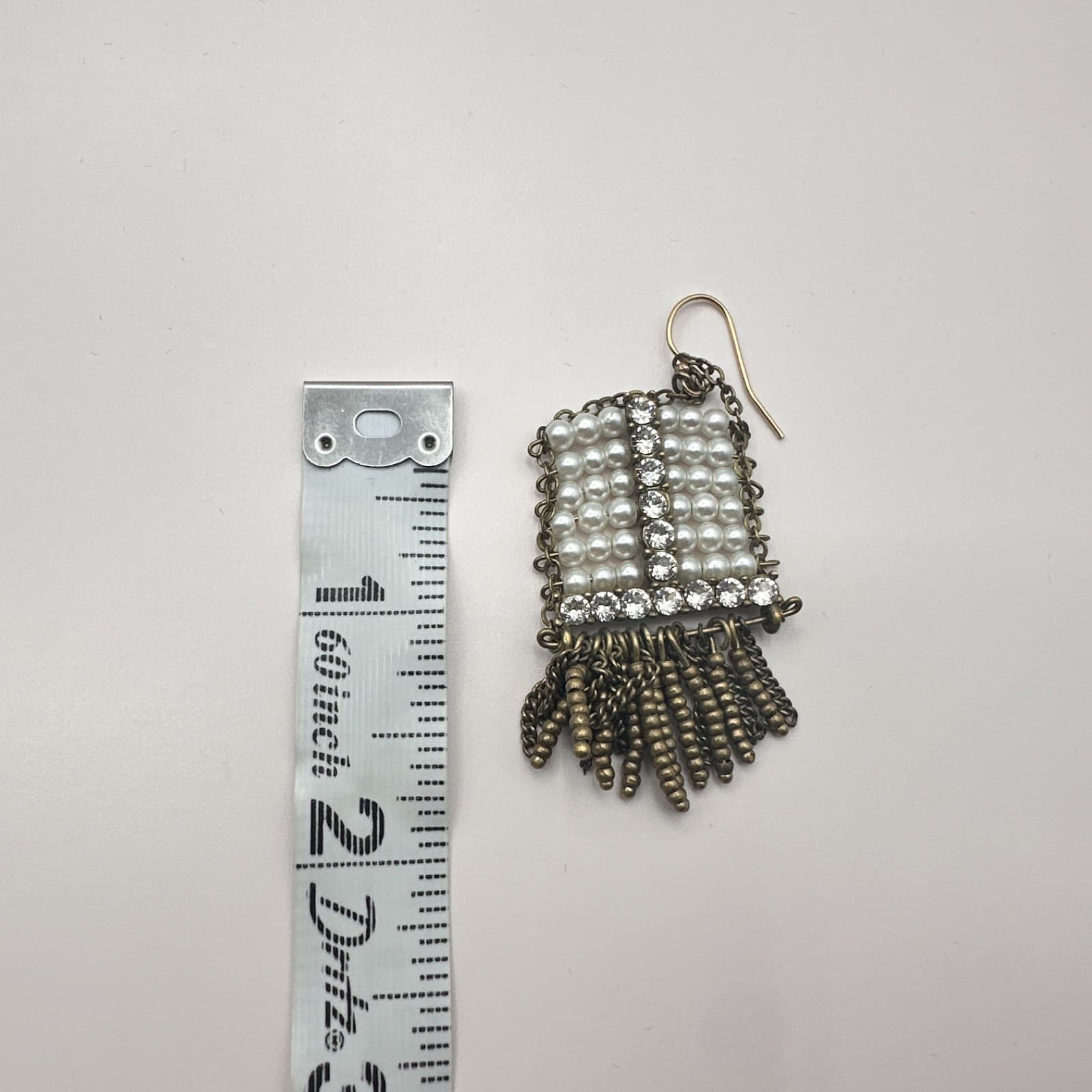 Vintage 30s Statement Earrings Featuring Pearl Beads Brass Chain Piece Jewelry - Thumbnail 6