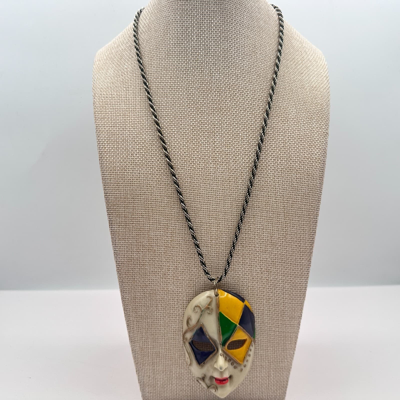 Vintage 80s Harlequin Mask Pendant Necklace Rope Chain Multi Color Gold Tone - Thumbnail 4