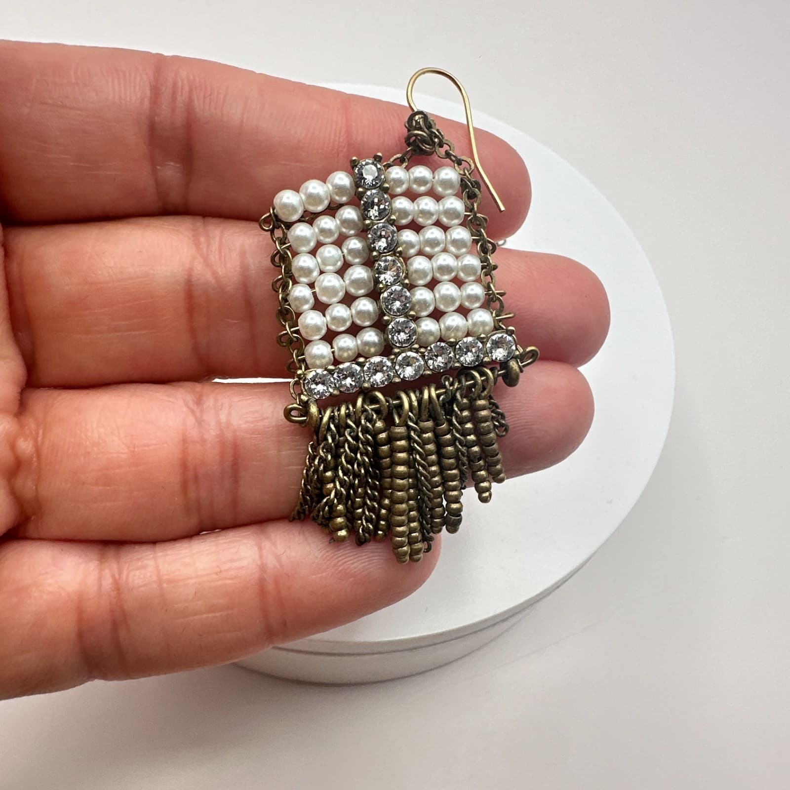Vintage 30s Statement Earrings Featuring Pearl Beads Brass Chain Piece Jewelry - Thumbnail 5