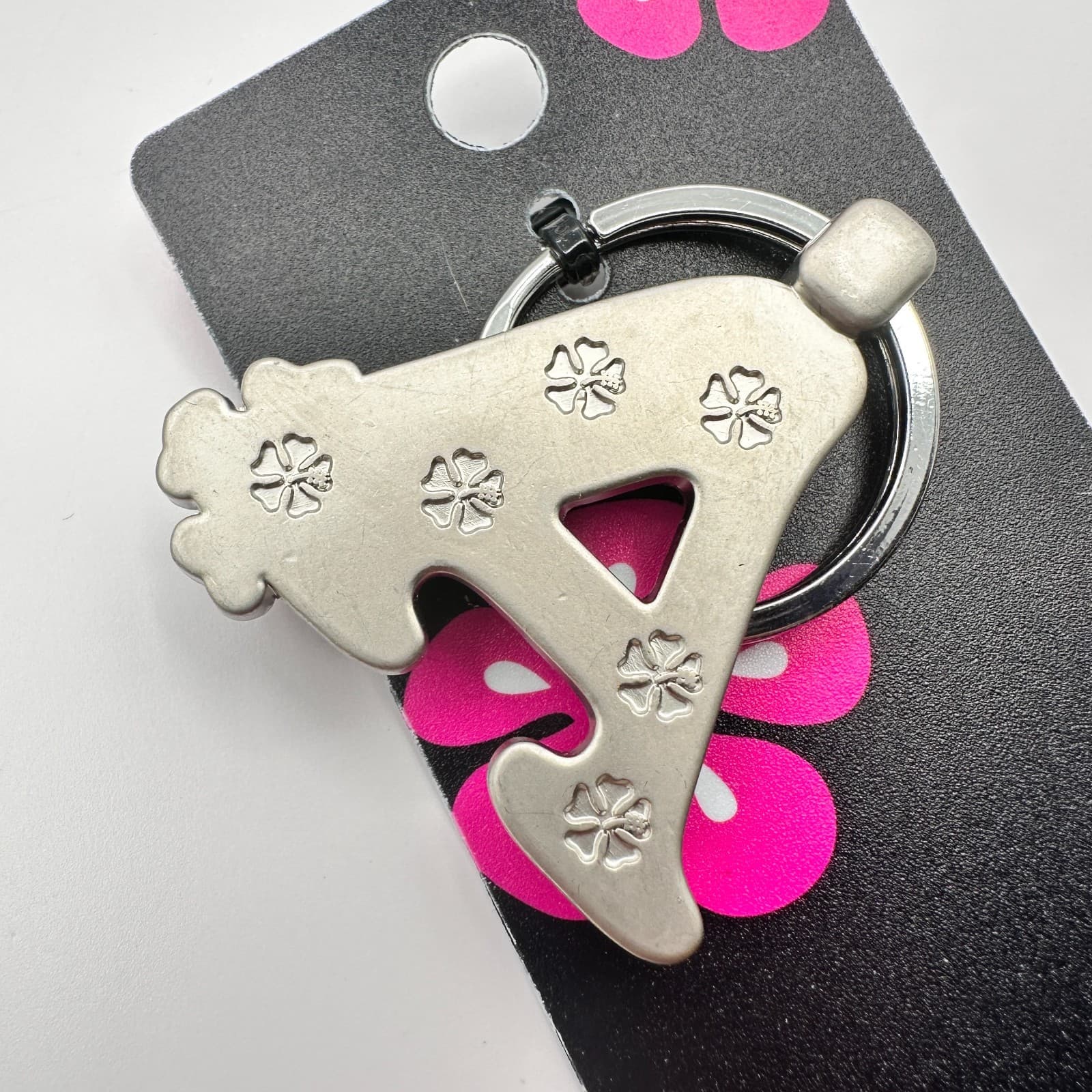 VTG 90s Island Girl Silver Tone Hawaii Initial A Keychain Pink Glass Hibiscus - Thumbnail 5