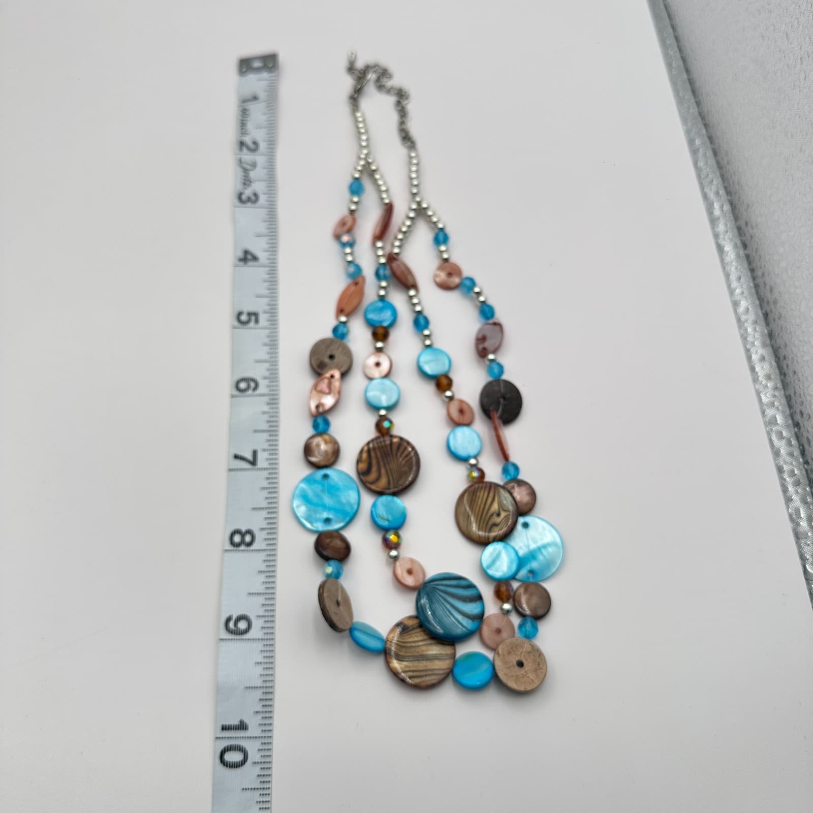 Vintage 80s Women Necklace Layered Blue Brown Wood Glass Beaded Boho Jewelry - Thumbnail 8