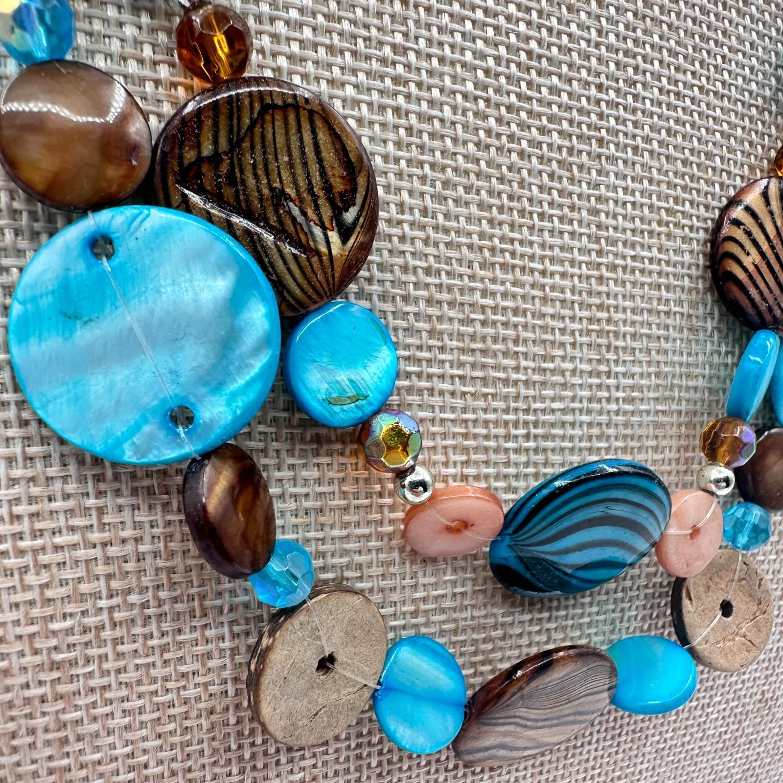 Vintage 80s Women Necklace Layered Blue Brown Wood Glass Beaded Boho Jewelry - Thumbnail 4