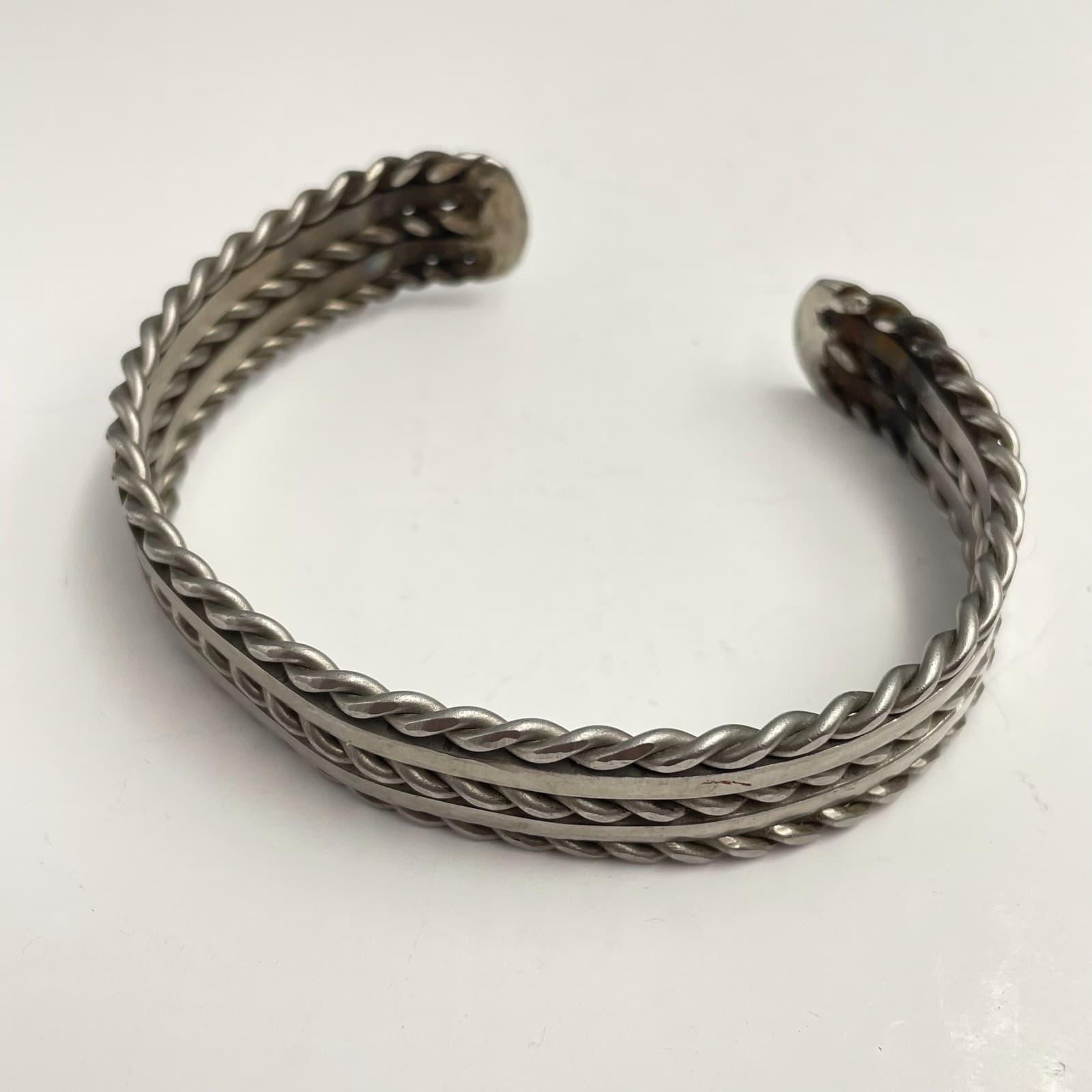 Vintage 90s Silver Tone Twisted Cable Cuff Bracelet Boho Minimalist Jewelry - Image 1