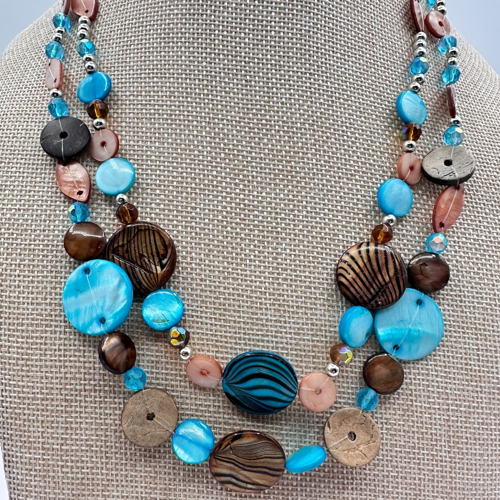 Vintage 80s Women Necklace Layered Blue Brown Wood Glass Beaded Boho Jewelry - Thumbnail 2