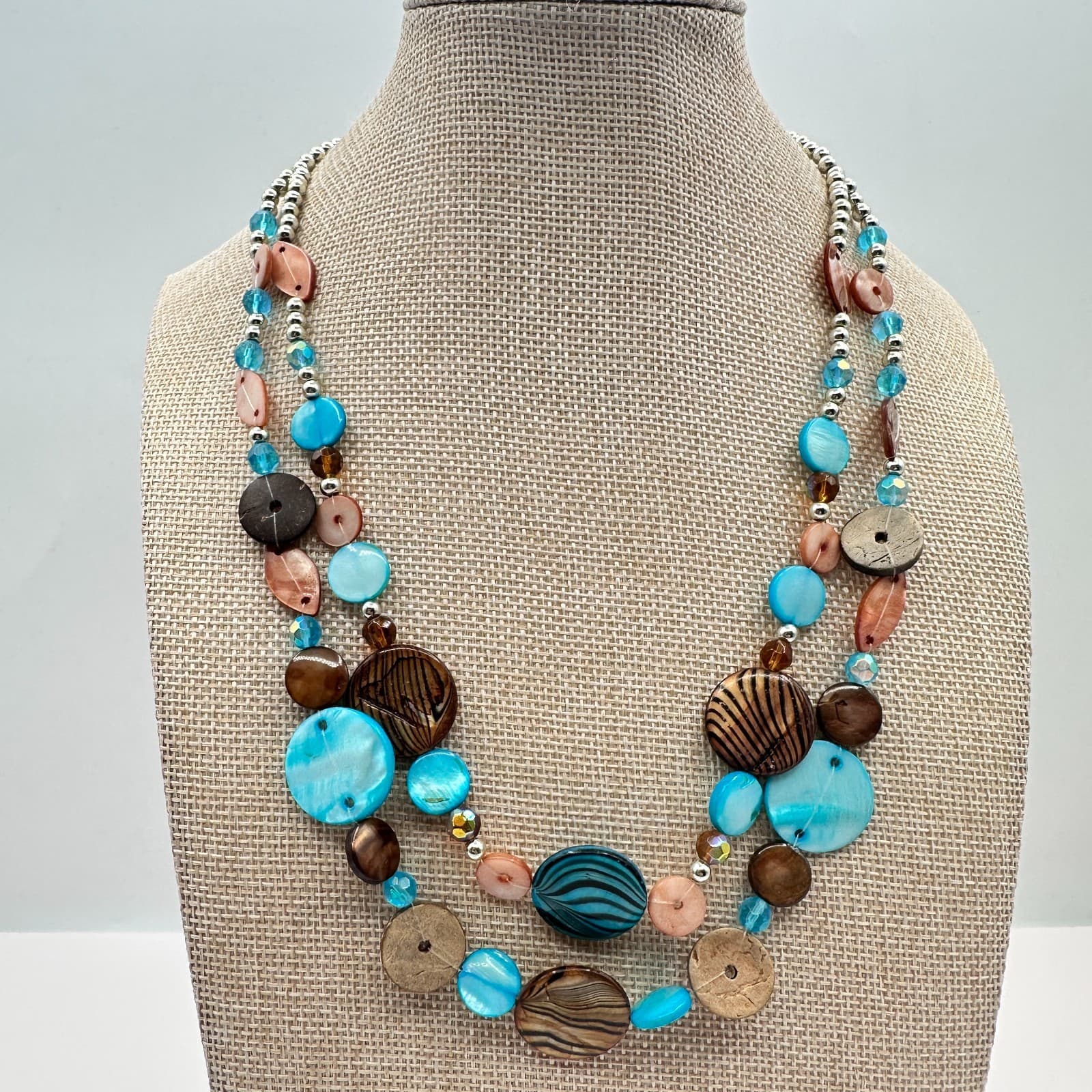 Vintage 80s Women Necklace Layered Blue Brown Wood Glass Beaded Boho Jewelry - Thumbnail 3