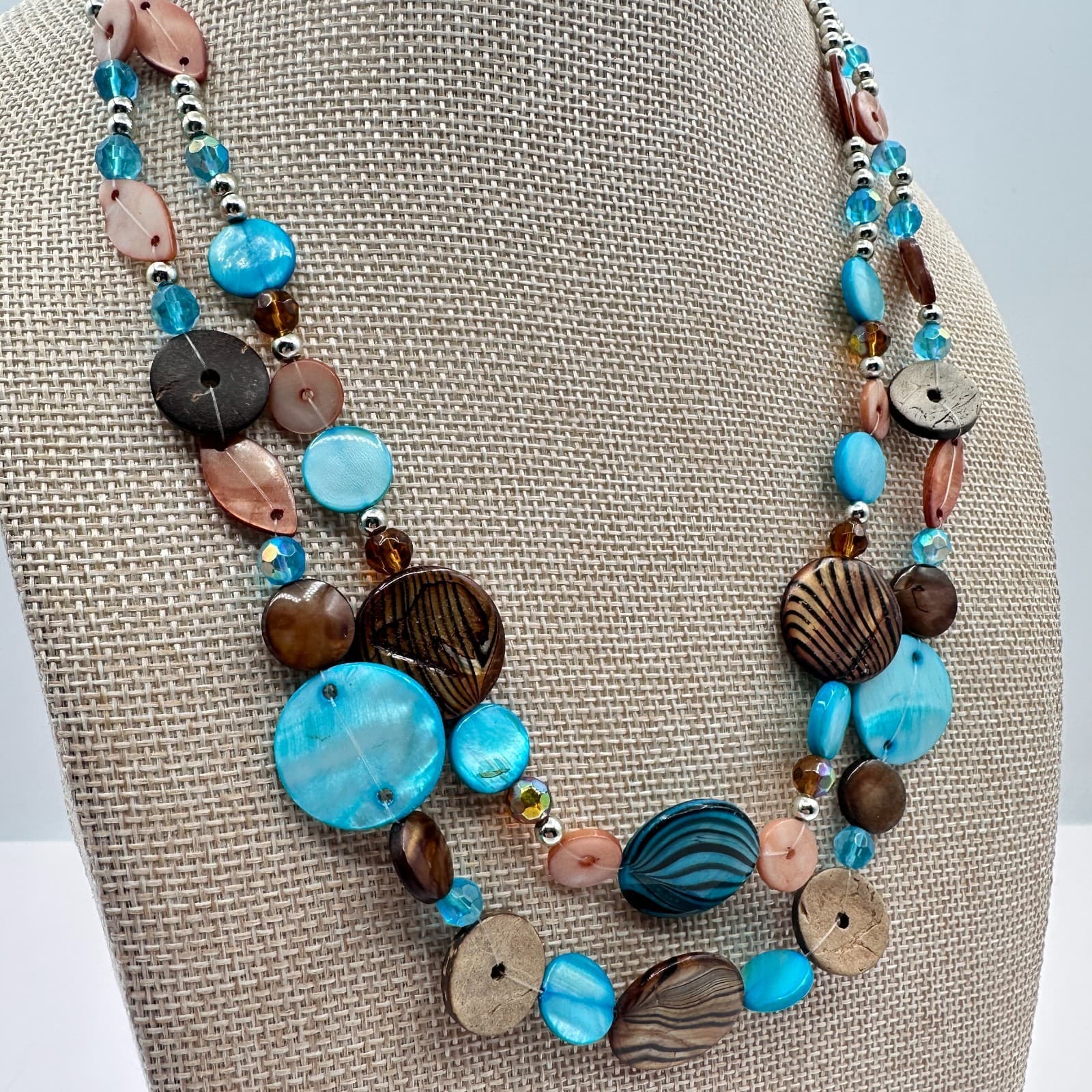 Vintage 80s Women Necklace Layered Blue Brown Wood Glass Beaded Boho Jewelry - Thumbnail 5
