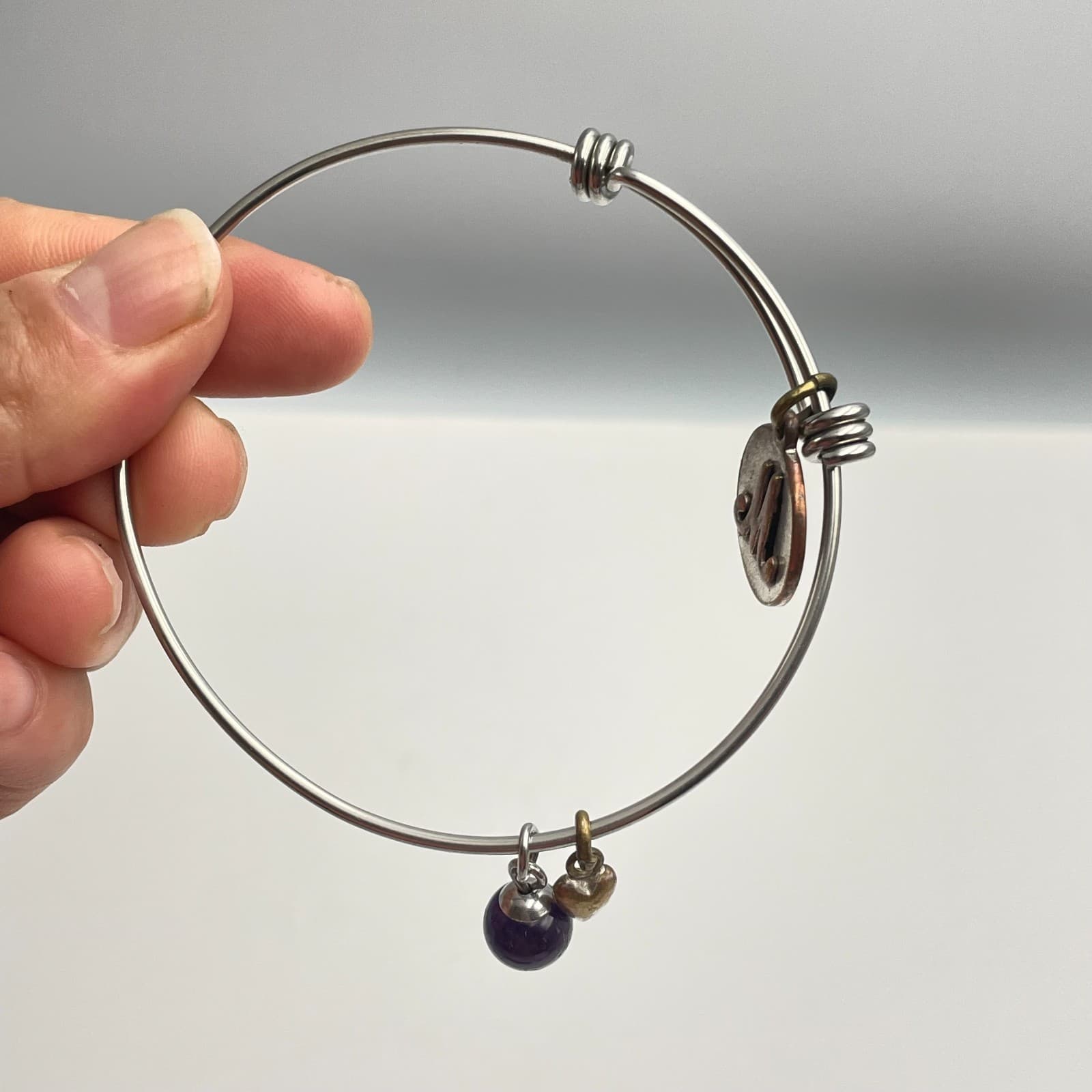 Vintage 90s Silver Tone Expandable Initial M Purple Bead Heart Charm Bracelet - Thumbnail 5