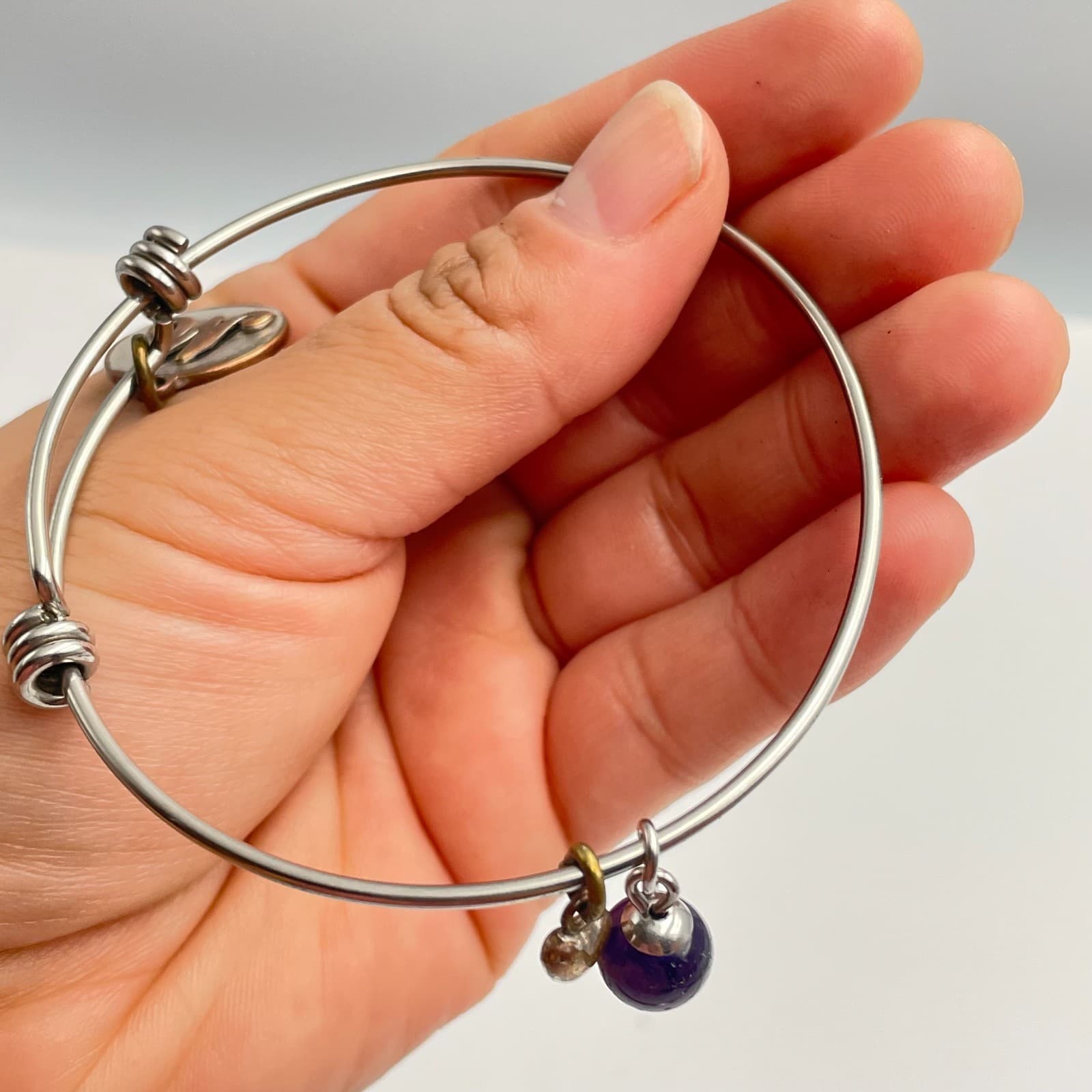 Vintage 90s Silver Tone Expandable Initial M Purple Bead Heart Charm Bracelet - Thumbnail 6