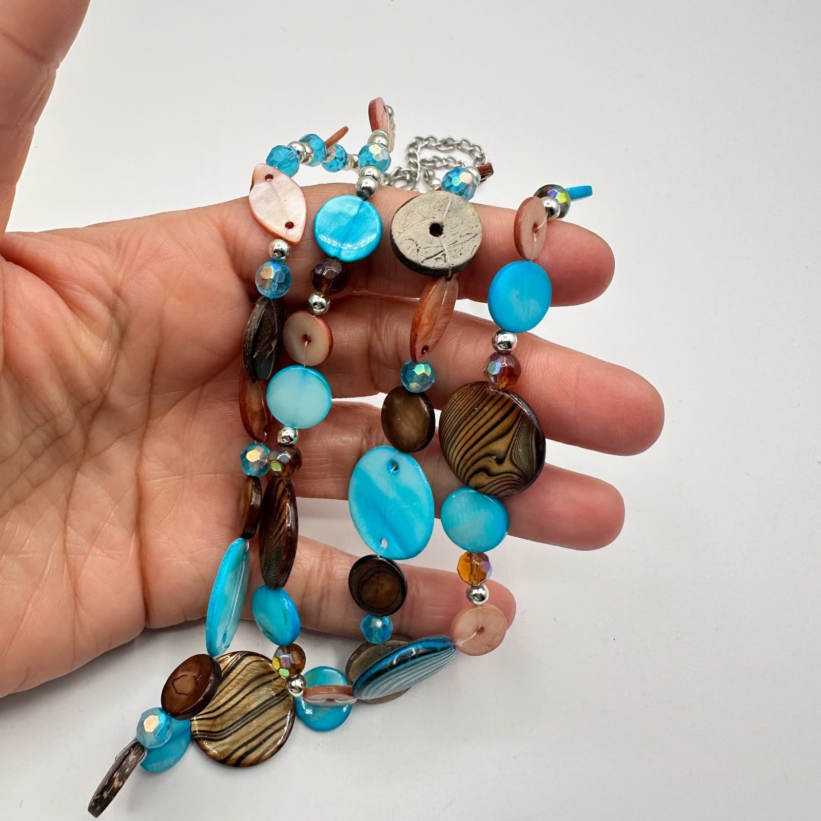 Vintage 80s Women Necklace Layered Blue Brown Wood Glass Beaded Boho Jewelry - Thumbnail 7