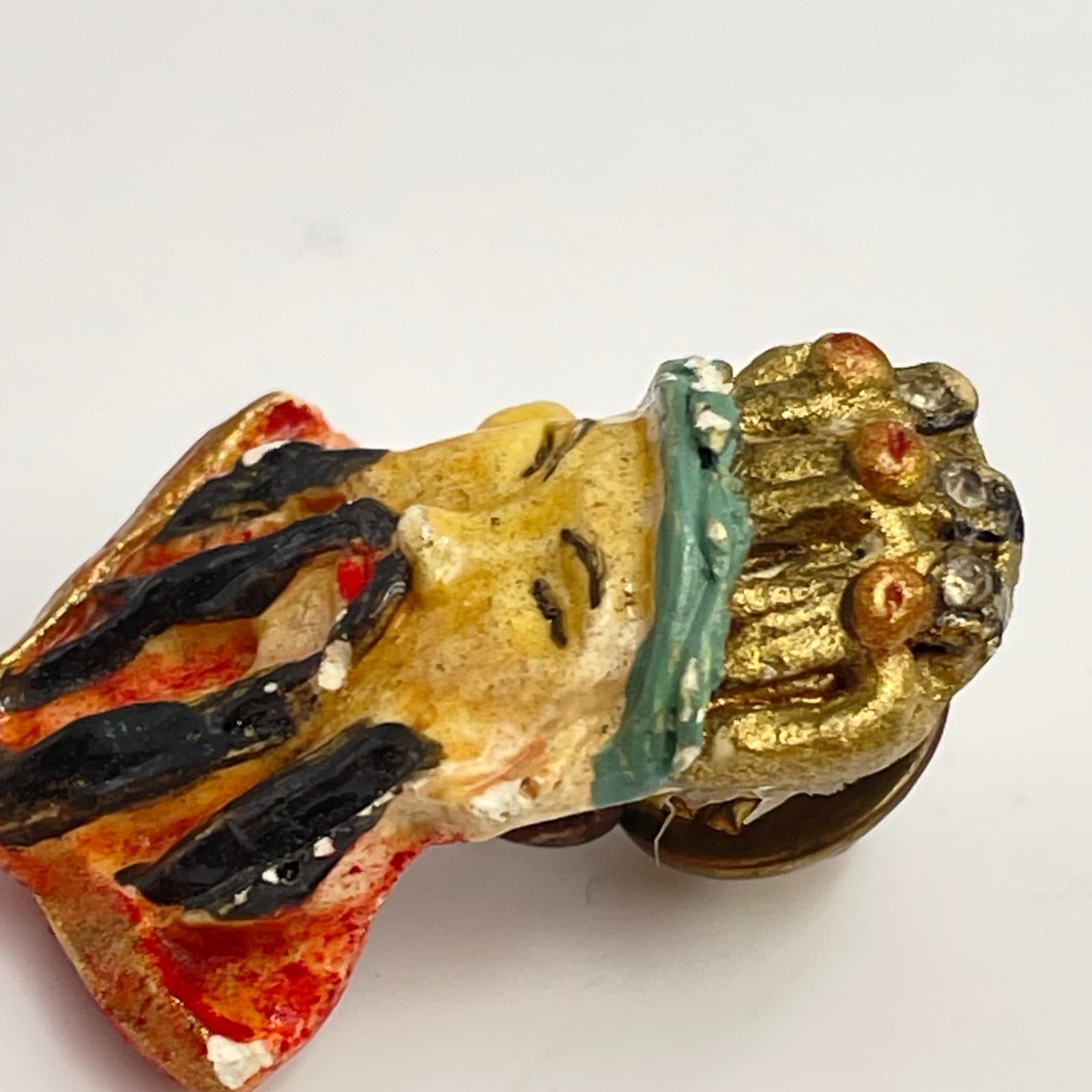 Vintage 90s Asian Wise Man Brooch Pin Hand Painted Rhinestone Gold Tone Boho - Thumbnail 4