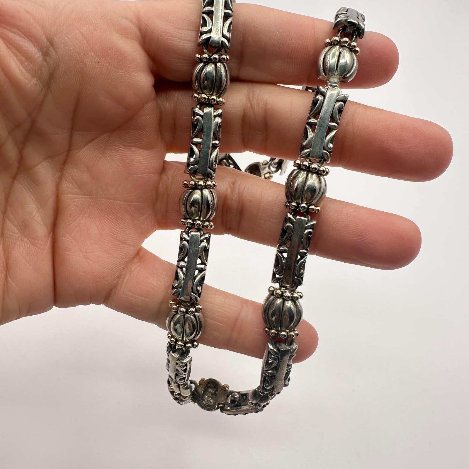 Vintage 80s Women Necklace OS Filigree Barrel Bead Silver Tone Jewelry - Thumbnail 5