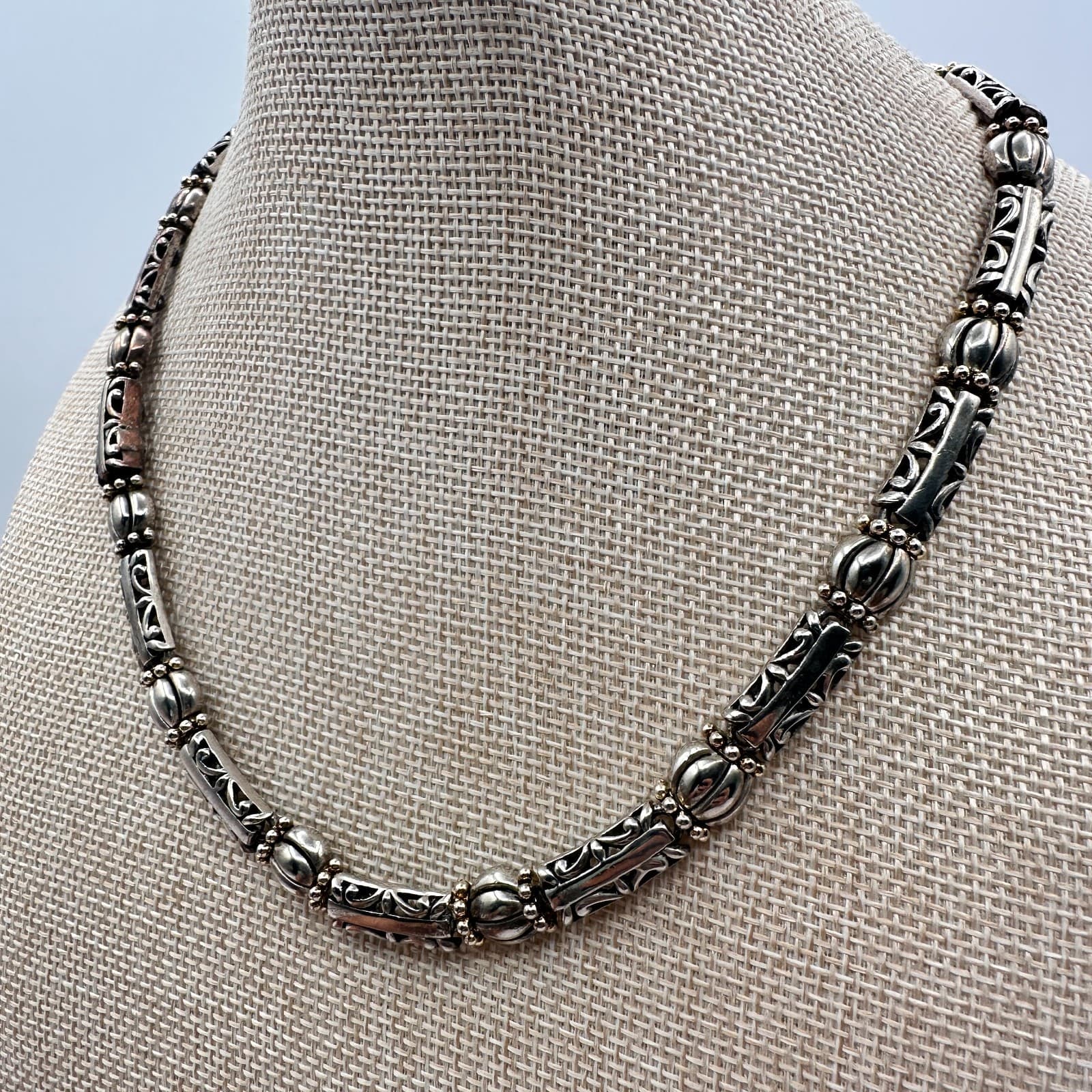 Vintage 80s Women Necklace OS Filigree Barrel Bead Silver Tone Jewelry - Thumbnail 4
