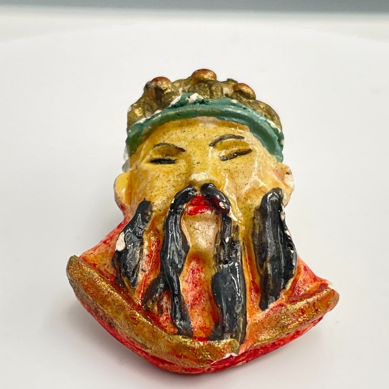 Vintage 90s Asian Wise Man Brooch Pin Hand Painted Rhinestone Gold Tone Boho - Thumbnail 2