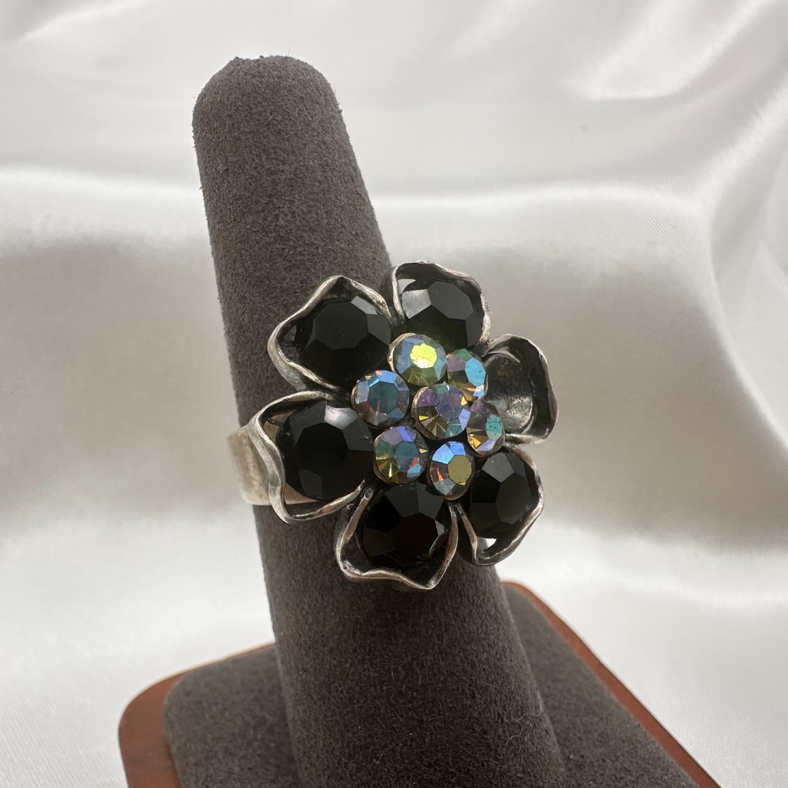 Vintage 80s Silver Tone Black Flower Ring Aurora Borealis Statement Band Jewelry - Image 1