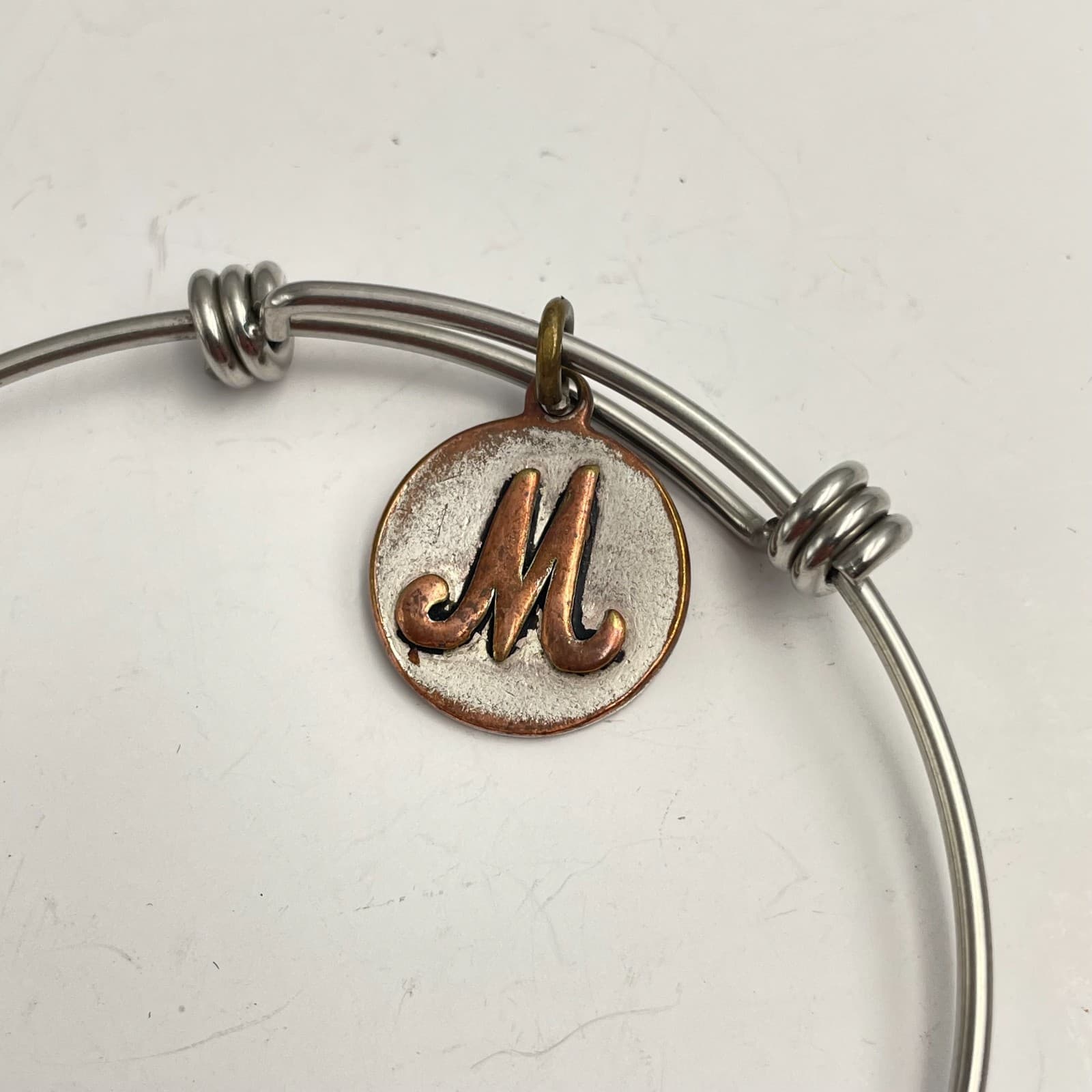 Vintage 90s Silver Tone Expandable Initial M Purple Bead Heart Charm Bracelet - Thumbnail 2