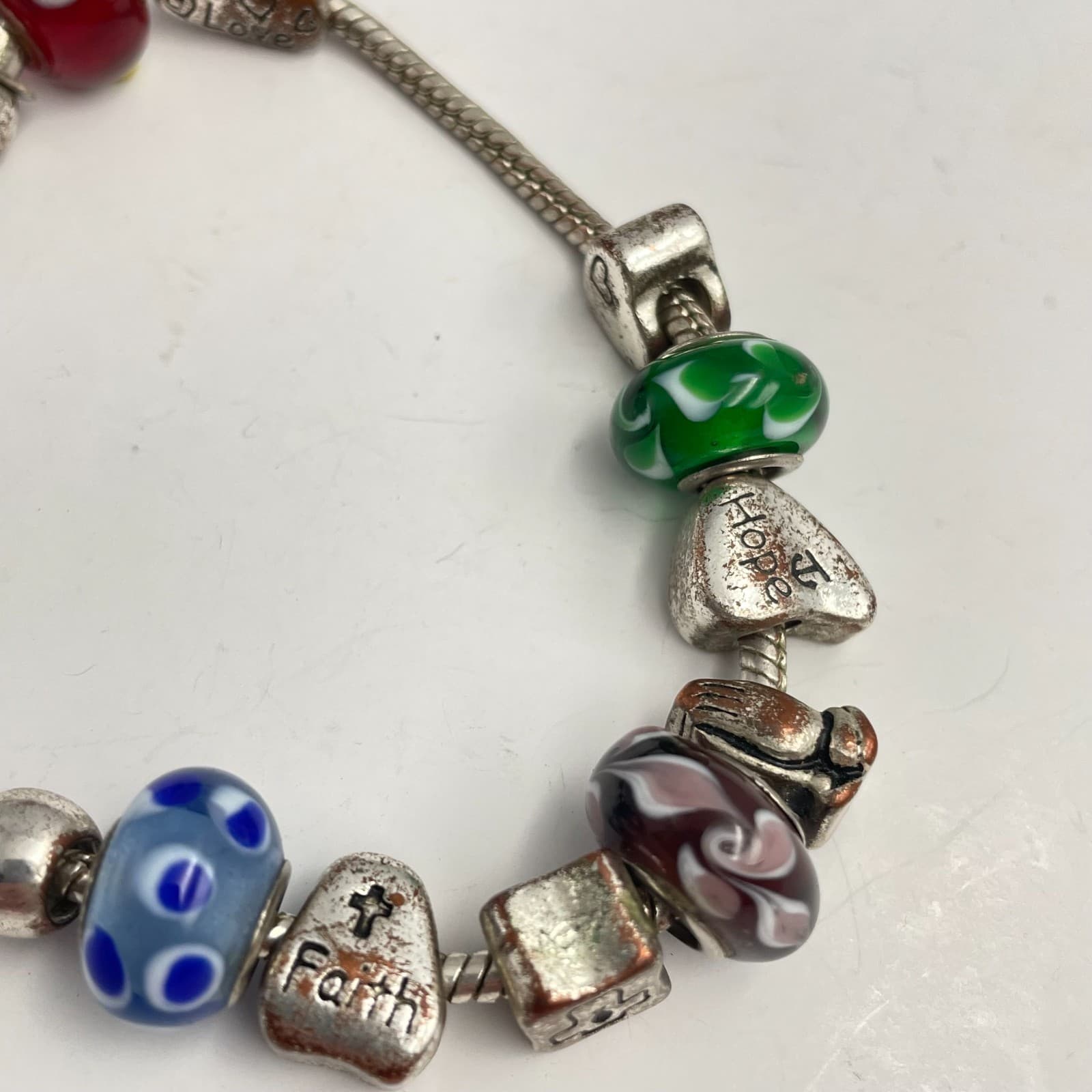 Vintage Y2K Silver Charm Bracelet Beaded Faith Hope Love Religious Jewelry - Thumbnail 2