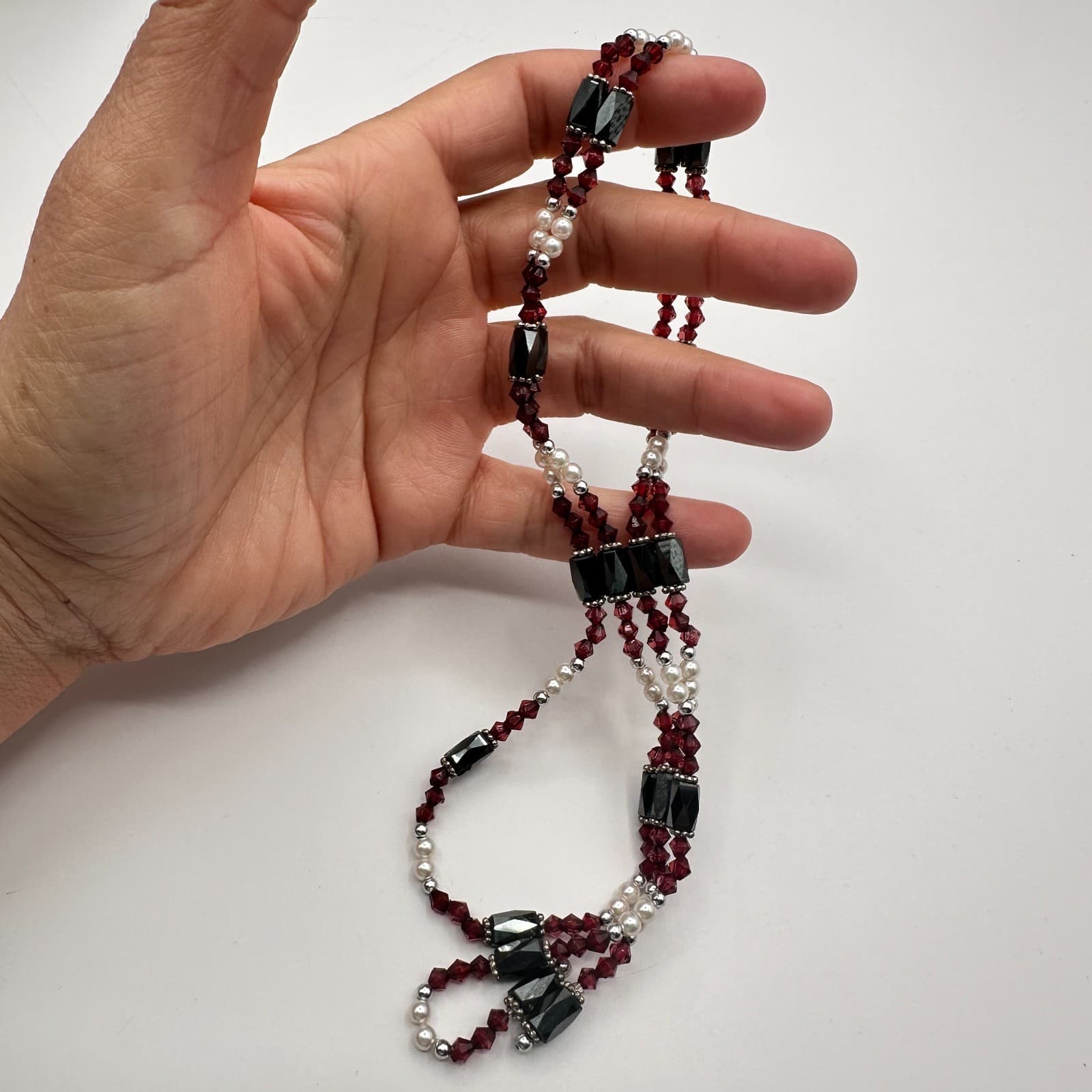 Vintage Y2K Silver Tone Faux Pearl Red Beaded Necklace Women's Classic Jewelry - Thumbnail 5