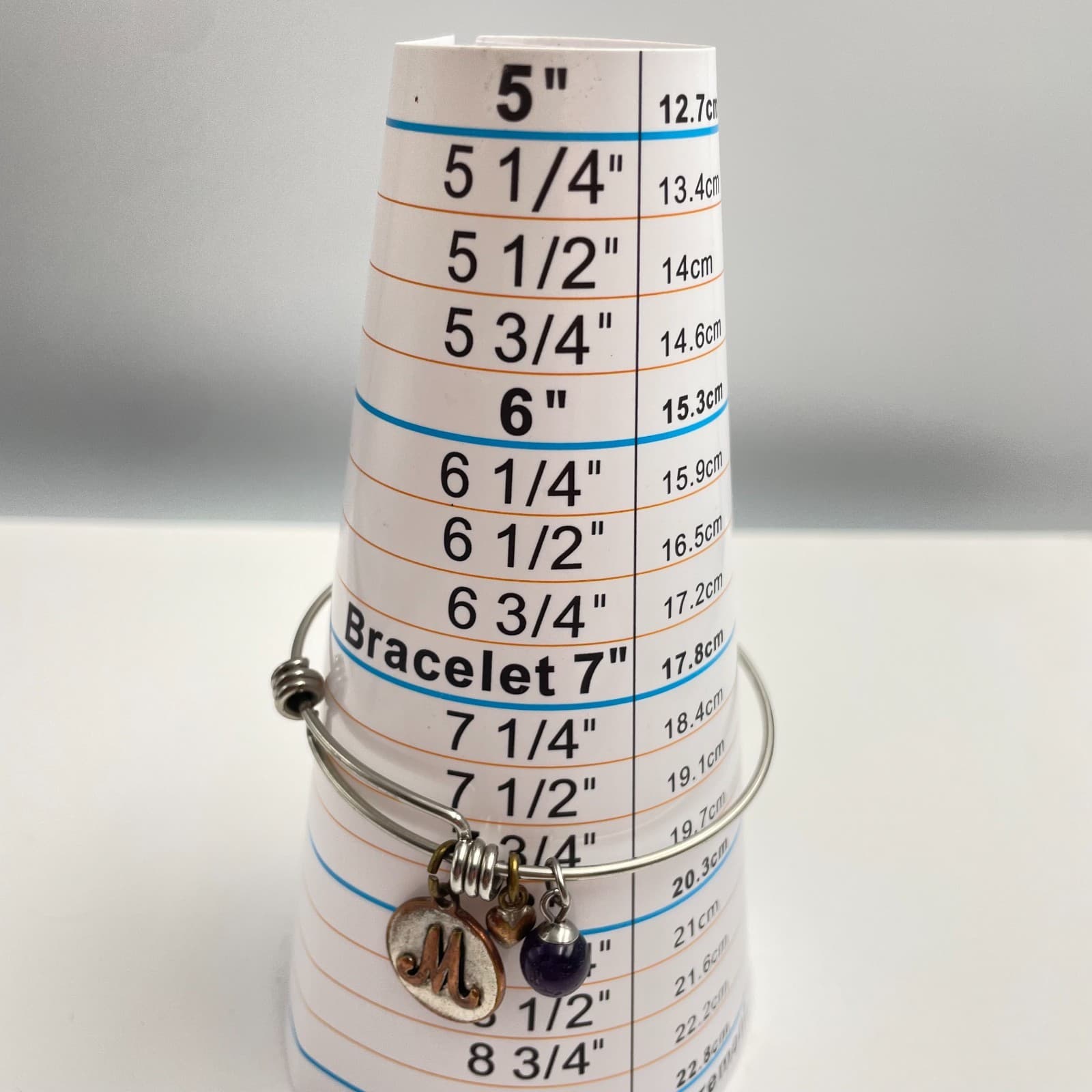 Vintage 90s Silver Tone Expandable Initial M Purple Bead Heart Charm Bracelet - Thumbnail 7