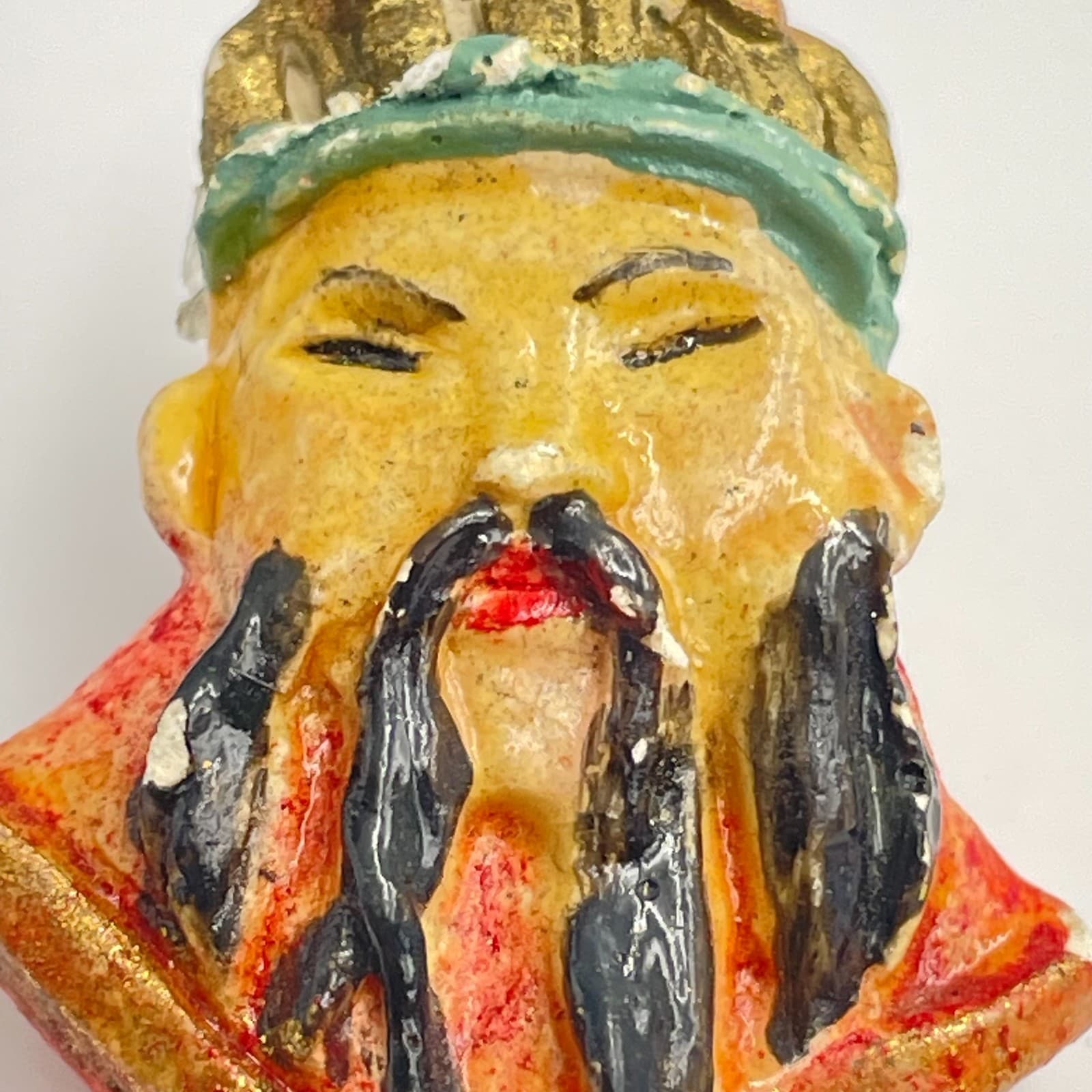 Vintage 90s Asian Wise Man Brooch Pin Hand Painted Rhinestone Gold Tone Boho - Thumbnail 3