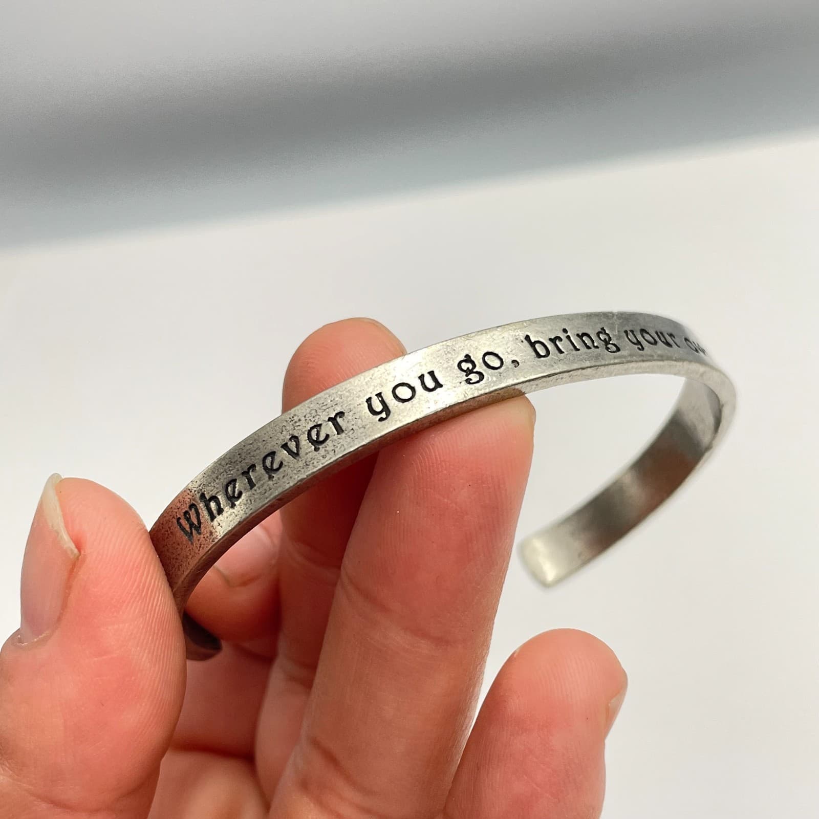 Vintage 90s SilverTone Quote Cuff Bracelet "Bring Your Own Sunshine" Inspiration - Thumbnail 4