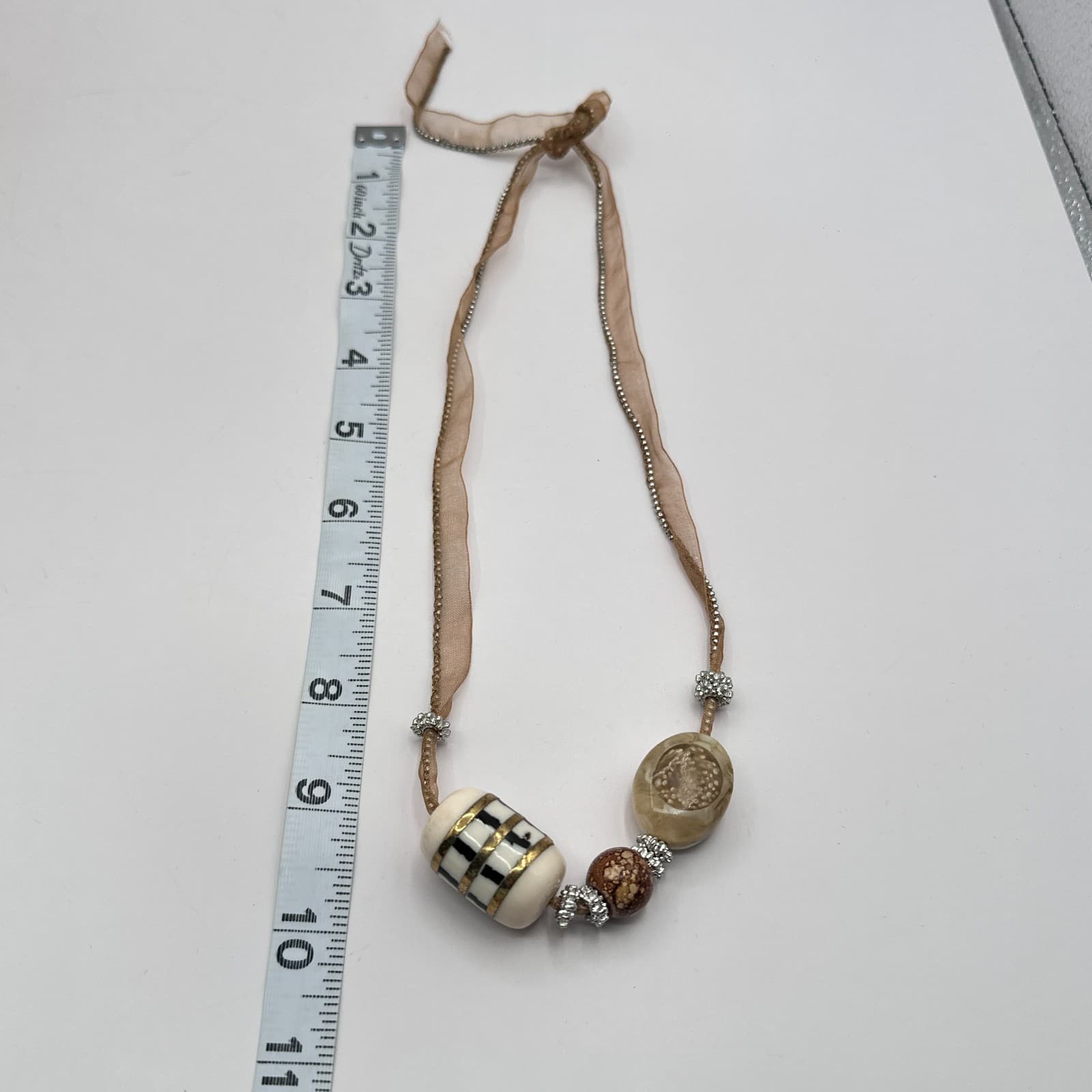 Vintage 90s Gold Tone Beaded Ribbon Choker Necklace Boho Women's Jewelry - Thumbnail 6