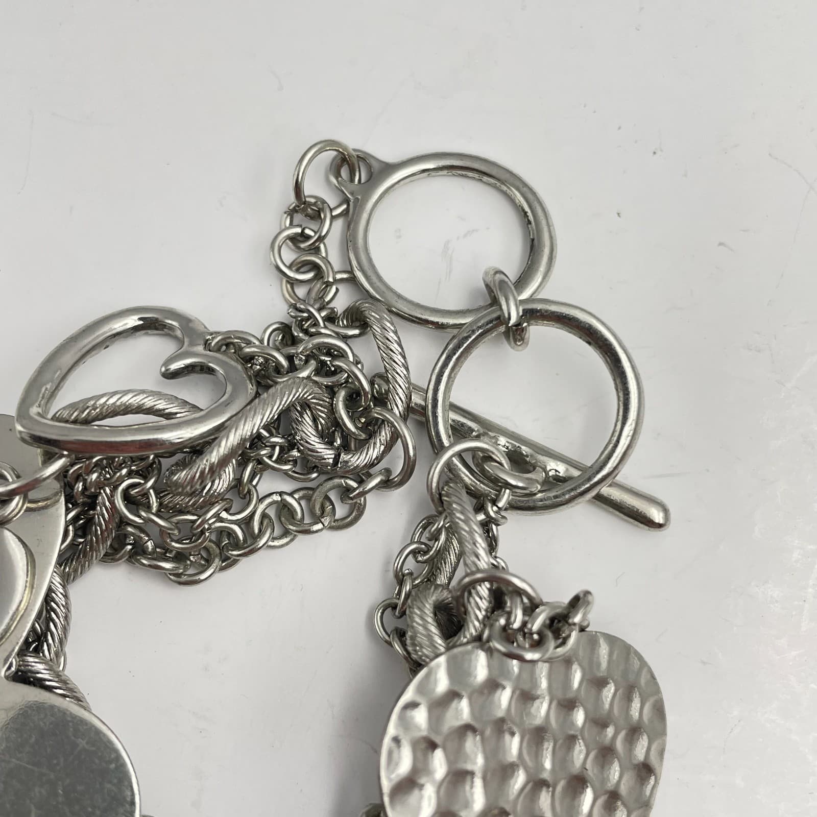 Vintage Y2K Silver Tone Multi Strand Heart Charm Bracelet Chunky Boho Jewelry - Thumbnail 7