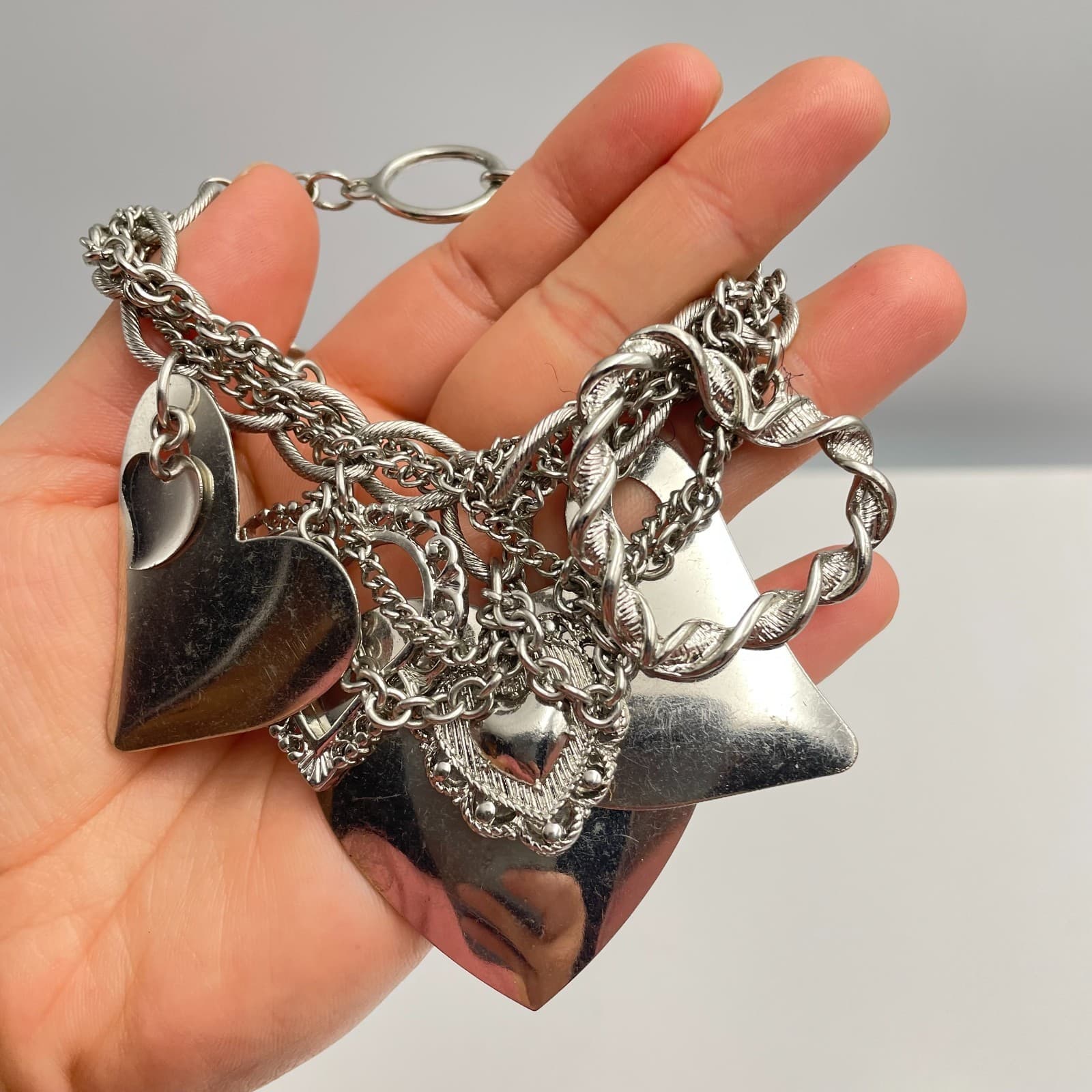 Vintage Y2K Silver Tone Multi Strand Heart Charm Bracelet Chunky Boho Jewelry - Thumbnail 2