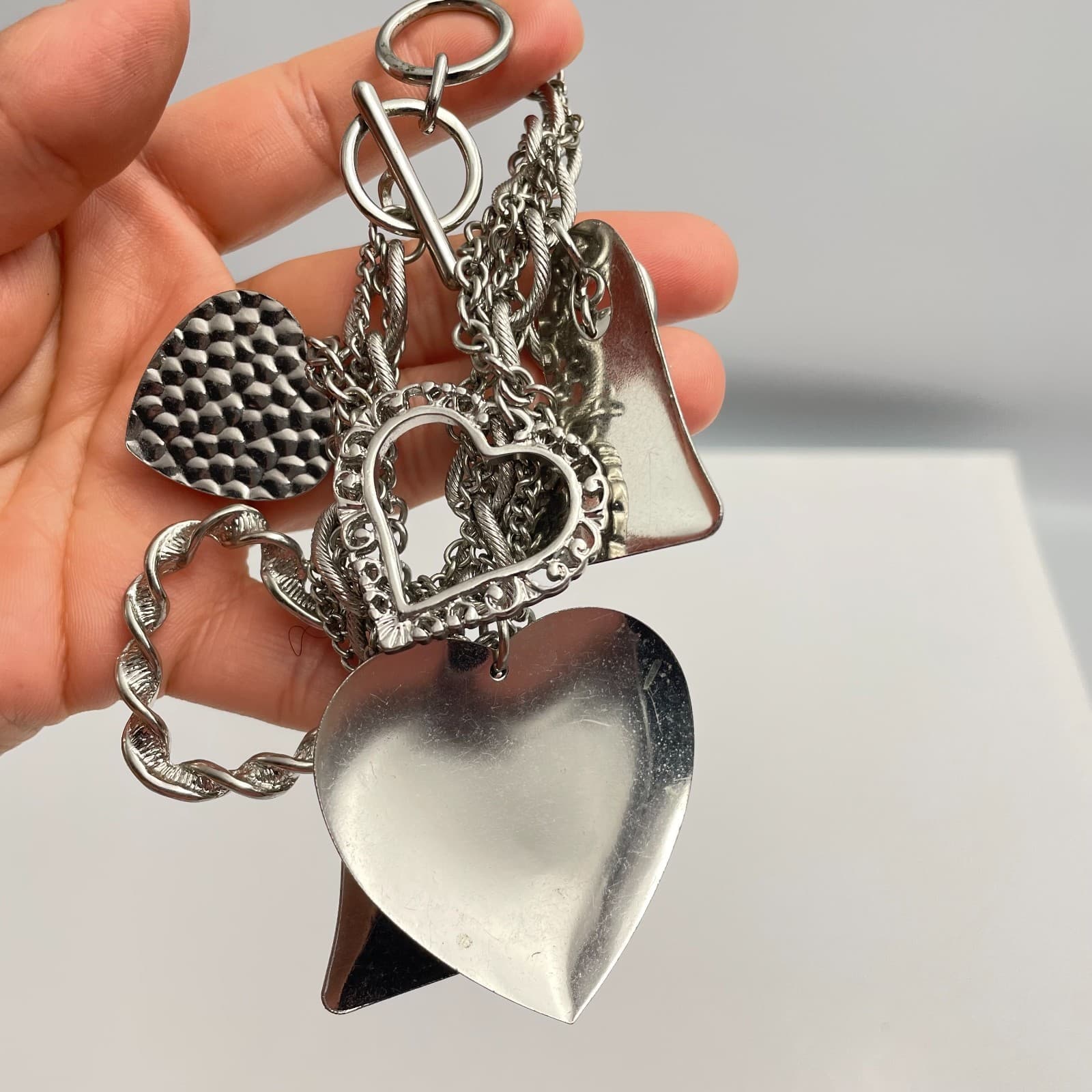 Vintage Y2K Silver Tone Multi Strand Heart Charm Bracelet Chunky Boho Jewelry - Thumbnail 5