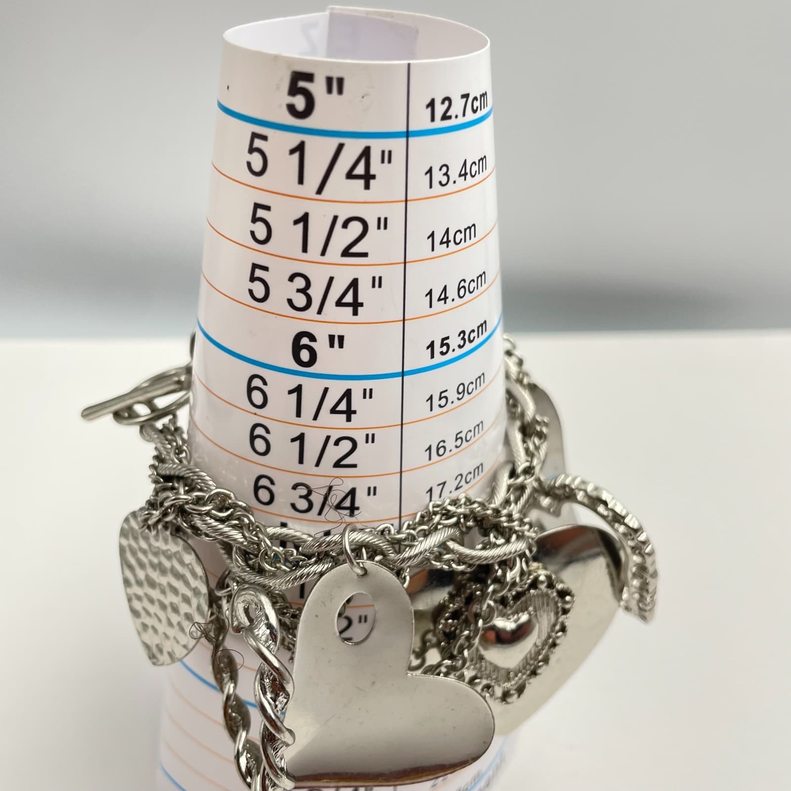 Vintage Y2K Silver Tone Multi Strand Heart Charm Bracelet Chunky Boho Jewelry - Thumbnail 8