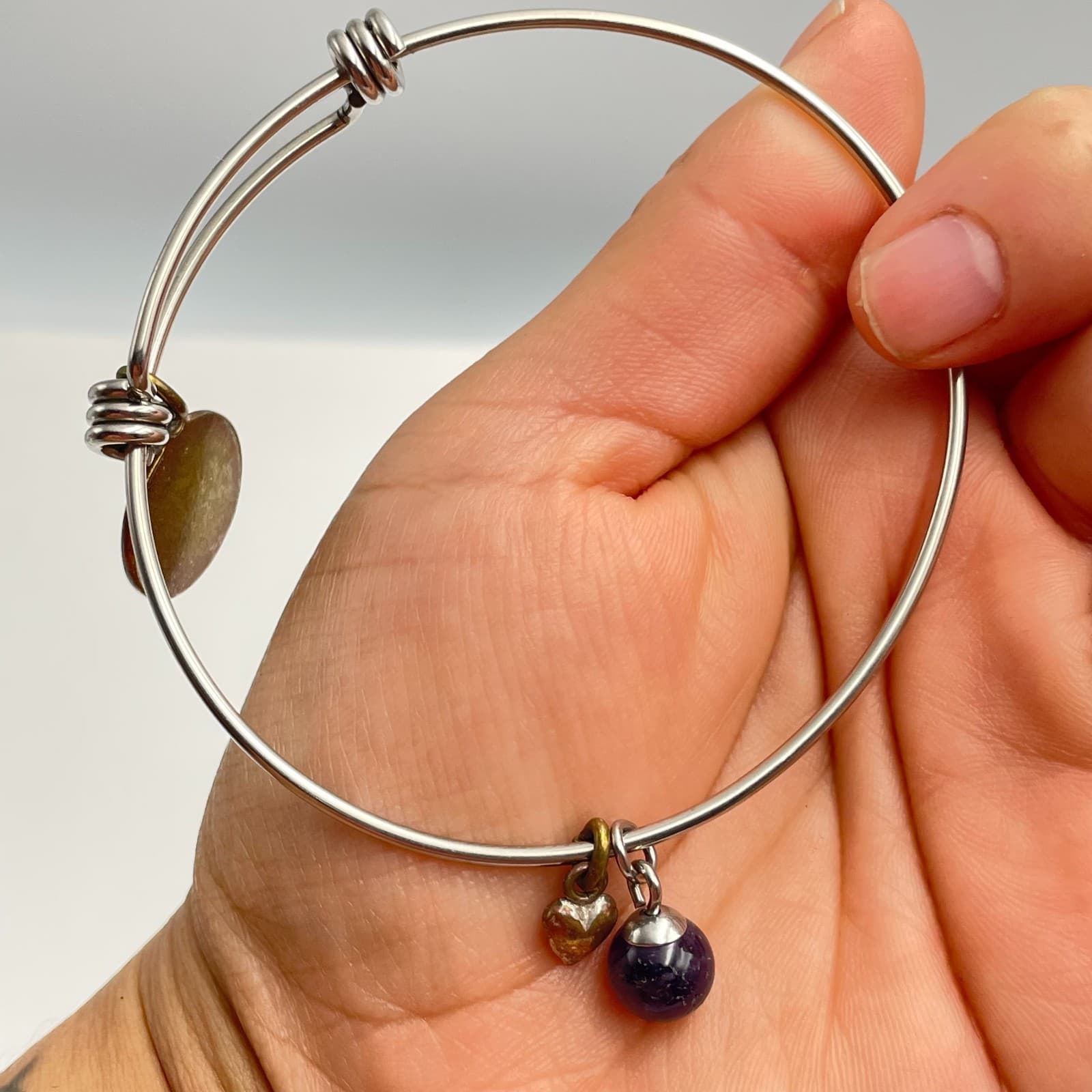 Vintage 90s Silver Tone Expandable Initial M Purple Bead Heart Charm Bracelet - Thumbnail 3