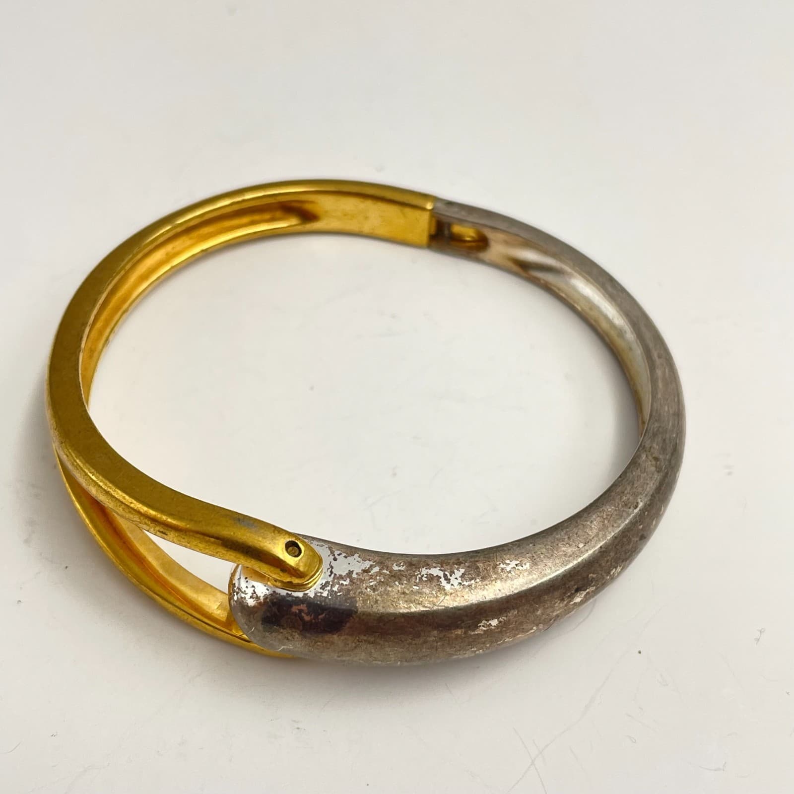 Vintage 90s Two Tone Hinged Metal Bangle Bracelet Minimalist Fashion Jewelry - Image 1