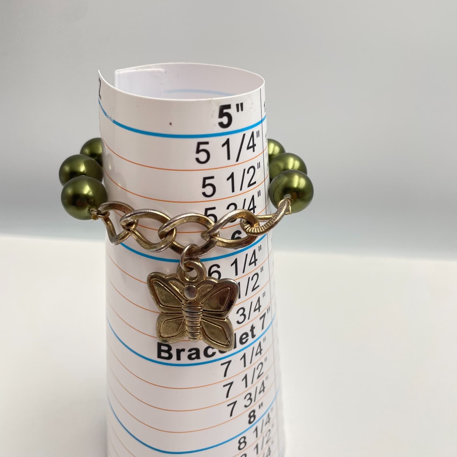 Vintage 90s Green Pearl Glass Bead Gold Tone Butterfly Charm Bracelet Fashion - Thumbnail 7