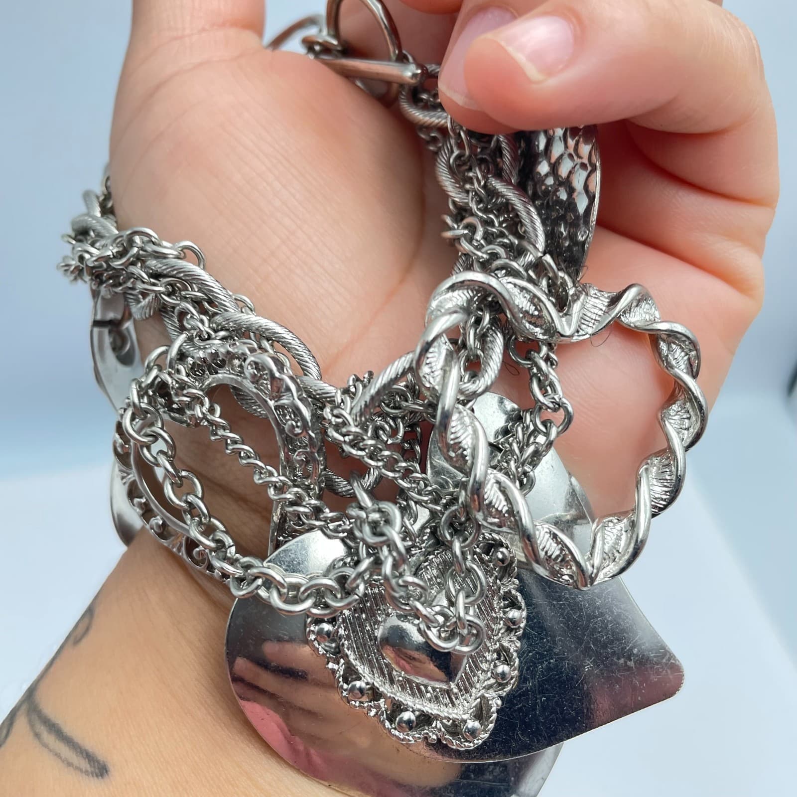 Vintage Y2K Silver Tone Multi Strand Heart Charm Bracelet Chunky Boho Jewelry - Thumbnail 3