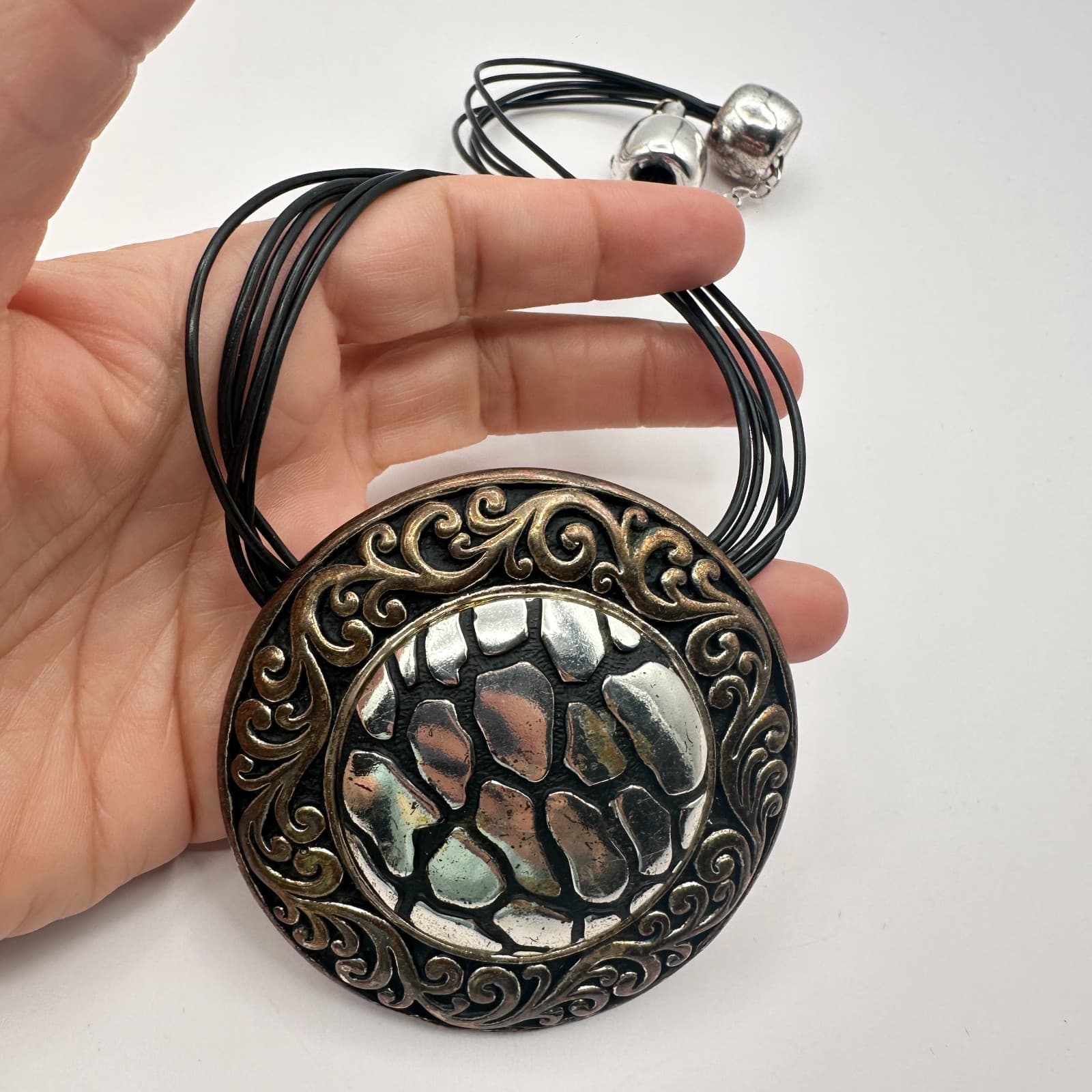 Vintage 80s Women Necklace Round Statement Pendant Multi Cord Silver Tone Black - Thumbnail 5