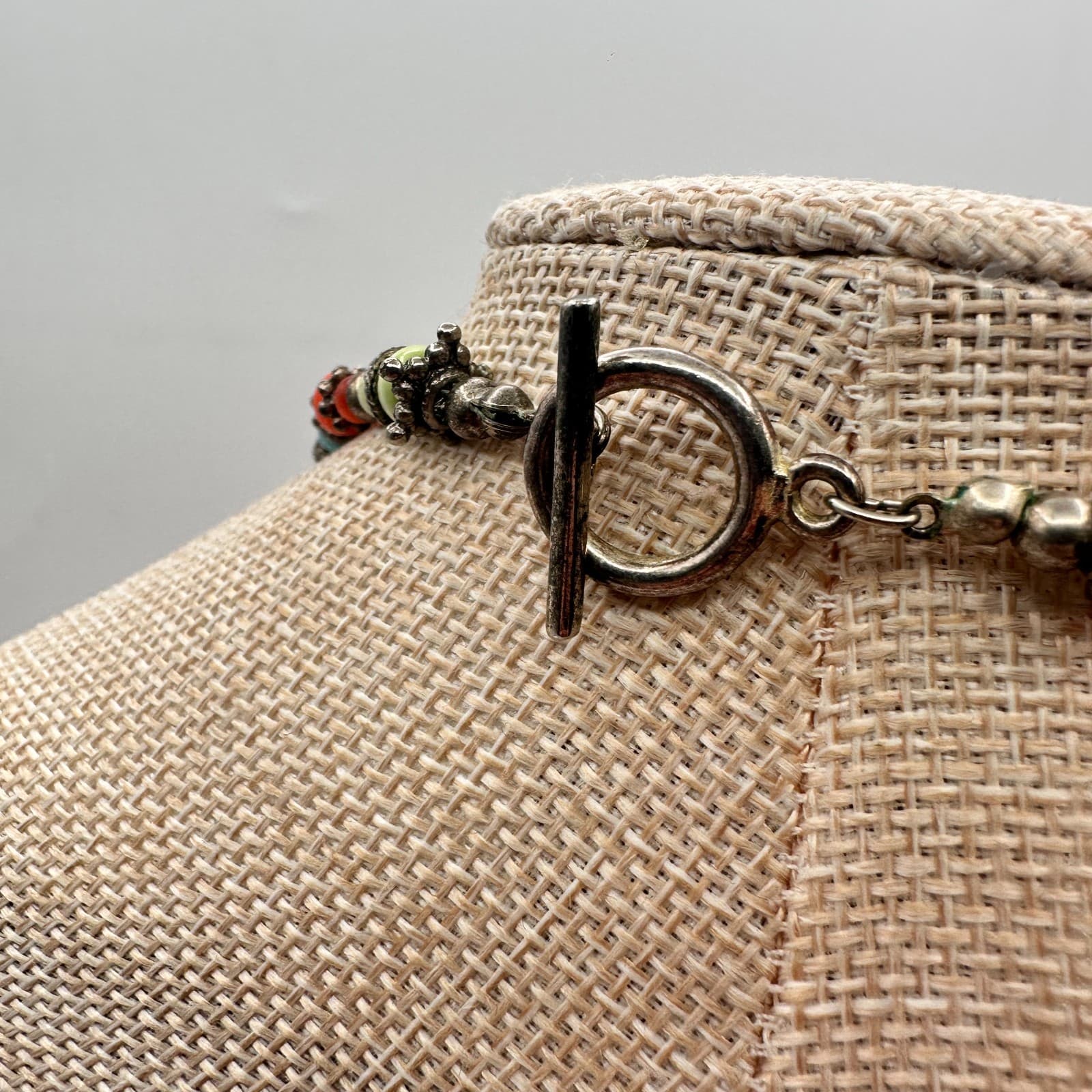 Vintage 80s Unisex Beaded Necklace Glass Cats Eye Bead Multi Color Silver Tone - Thumbnail 6