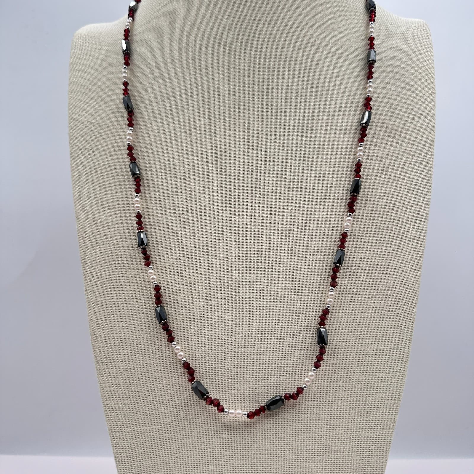 Vintage Y2K Silver Tone Faux Pearl Red Beaded Necklace Women's Classic Jewelry - Thumbnail 2