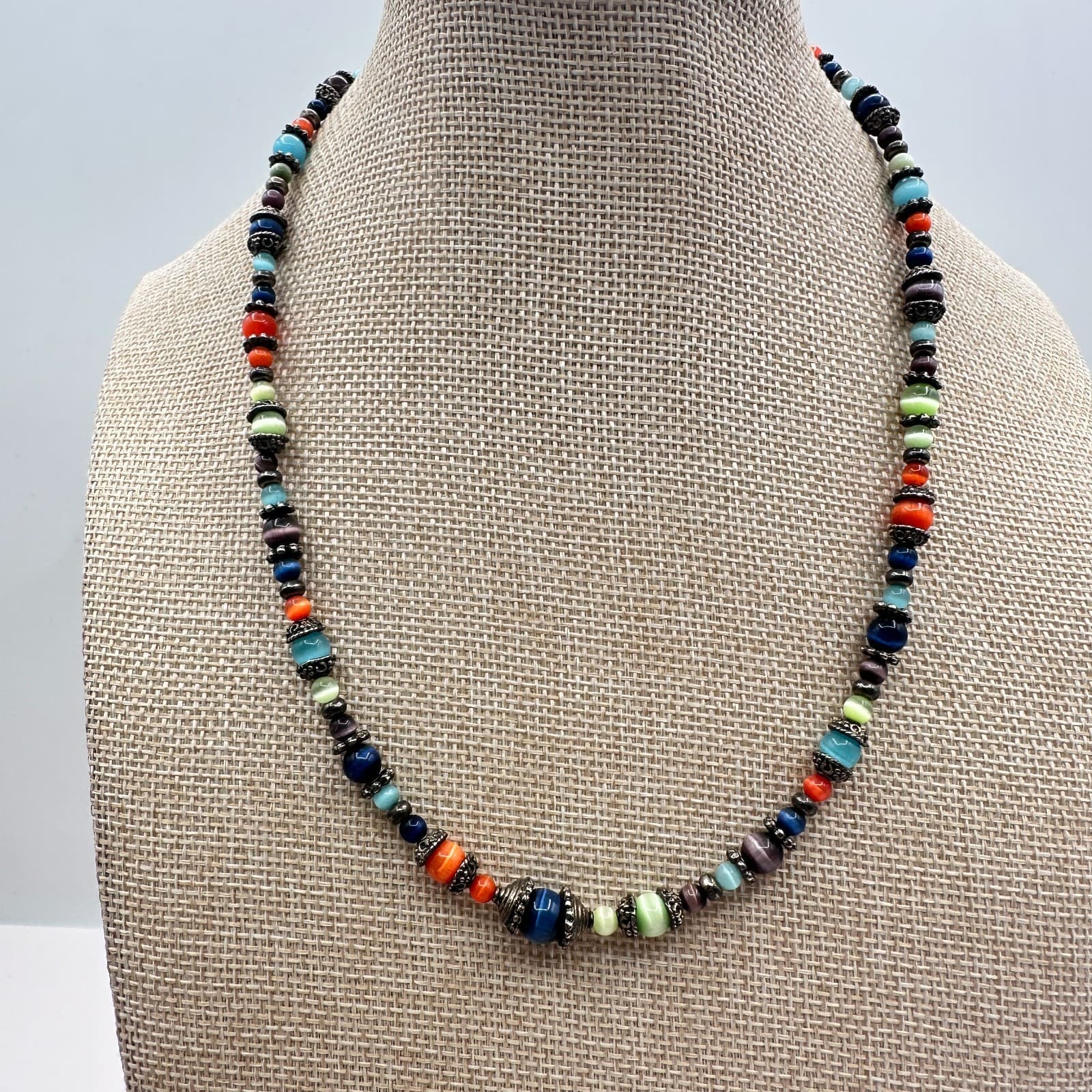 Vintage 80s Unisex Beaded Necklace Glass Cats Eye Bead Multi Color Silver Tone - Image 1