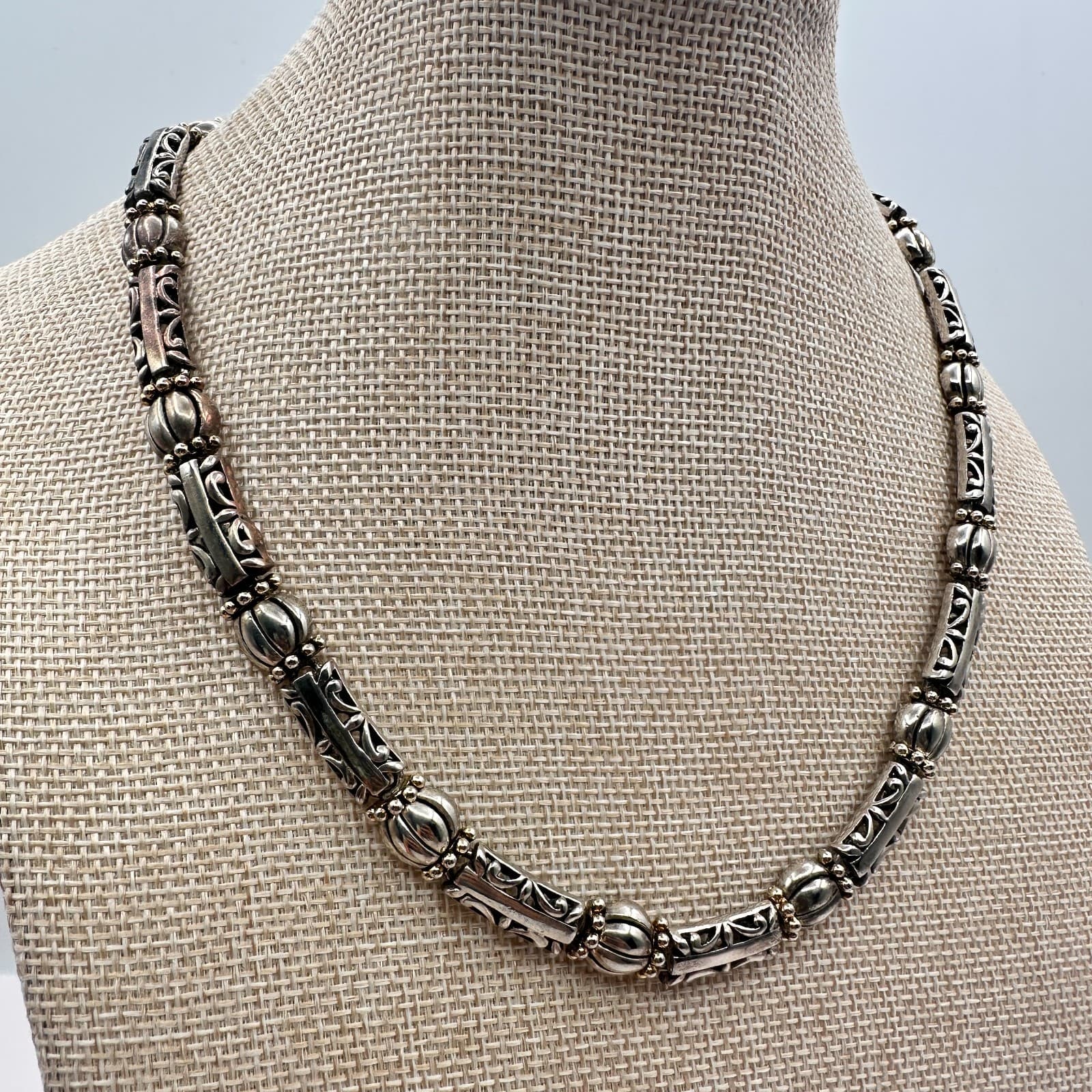 Vintage 80s Women Necklace OS Filigree Barrel Bead Silver Tone Jewelry - Thumbnail 2