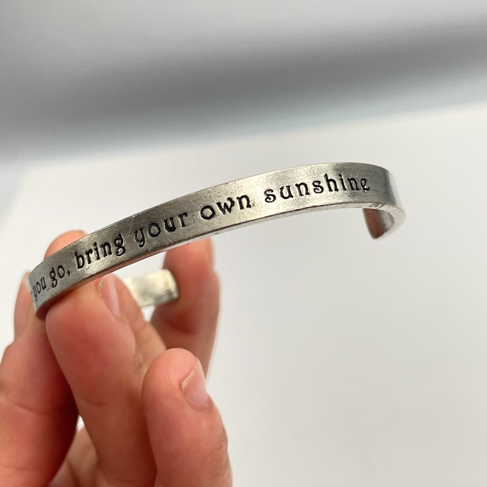 Vintage 90s SilverTone Quote Cuff Bracelet "Bring Your Own Sunshine" Inspiration - Thumbnail 5