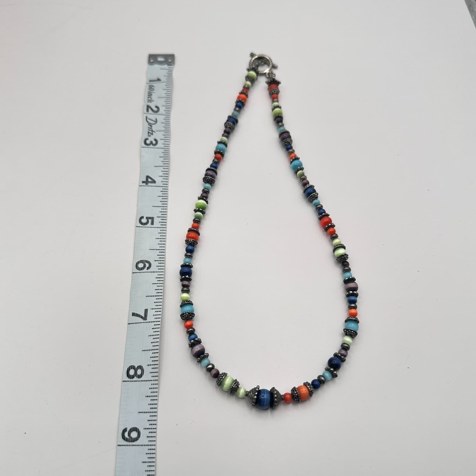 Vintage 80s Unisex Beaded Necklace Glass Cats Eye Bead Multi Color Silver Tone - Thumbnail 8